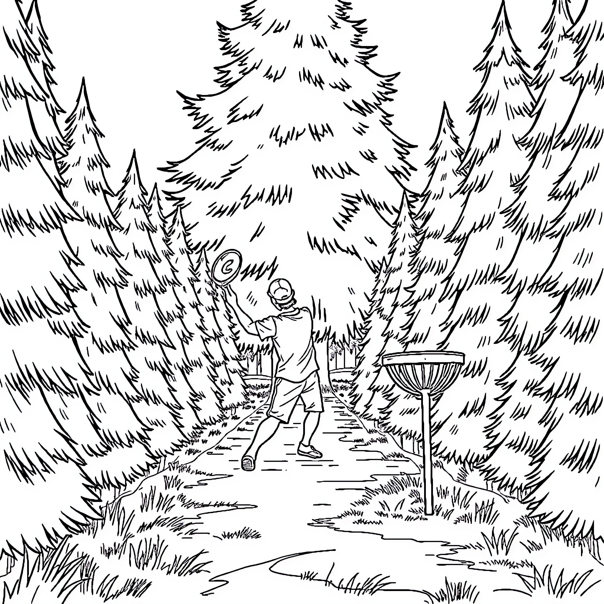 Disc Golf Player Enjoying the Outdoors Coloring Page (free black-and-white line drawing printable PDF for all, from beginners to advanced learners, including children, teens, adults, and seniors)