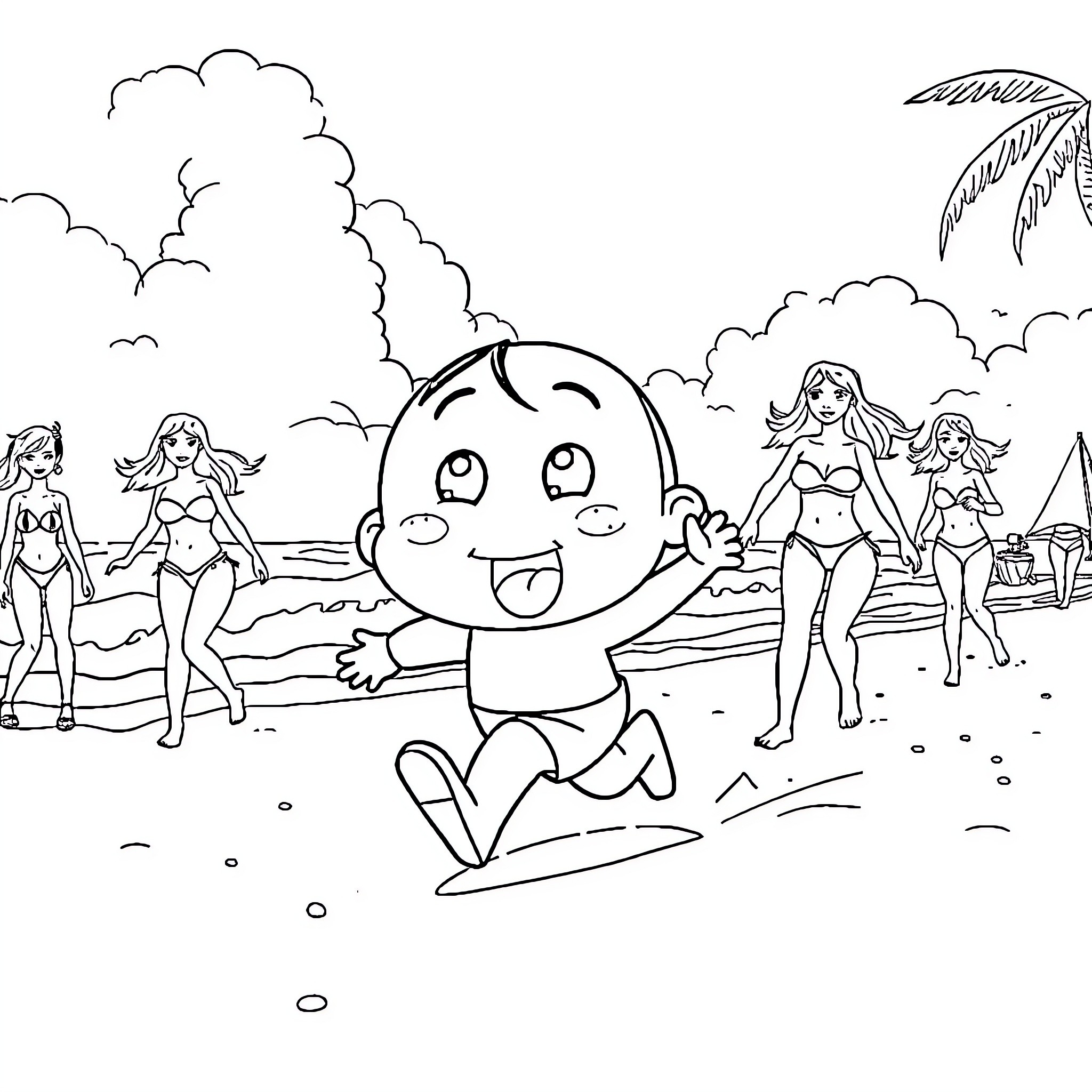 Shinchan's Fun Beach Adventure Coloring Page (free black-and-white line drawing printable PDF for all, from beginners to advanced learners, including children, teens, adults, and seniors)