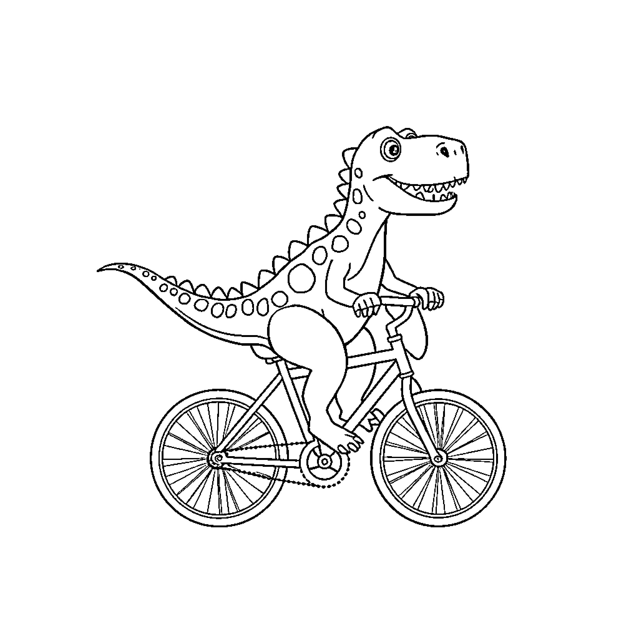 Dino riding bicycle happily Coloring Page (free black-and-white line drawing printable PDF for all, from beginners to advanced learners, including children, teens, adults, and seniors)