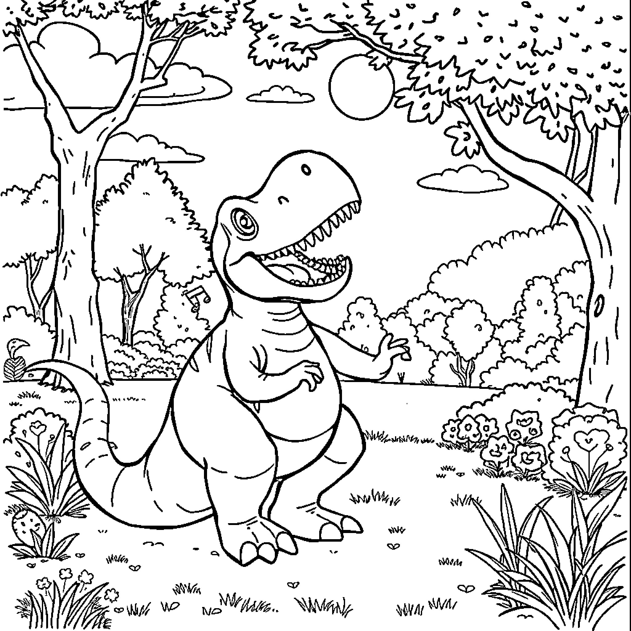 Tralalero Dinosaur Exploring Whimsical Forest Landscape Coloring Page (free black-and-white line drawing printable PDF for all, from beginners to advanced learners, including children, teens, adults, and seniors)