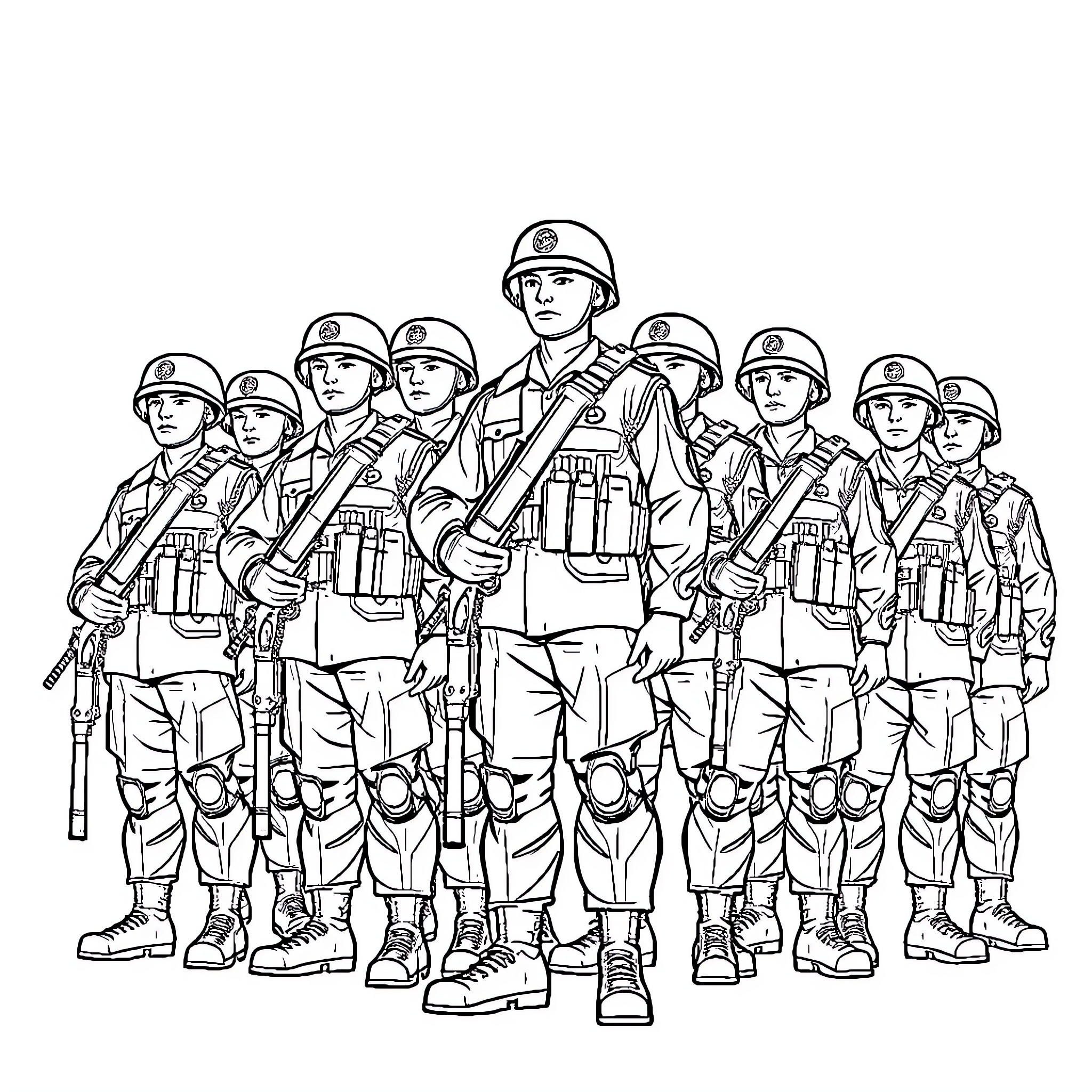 Soldier Squad Assembled in Uniform and Equipment Coloring Page (free black-and-white line drawing printable PDF for all, from beginners to advanced learners, including children, teens, adults, and seniors)