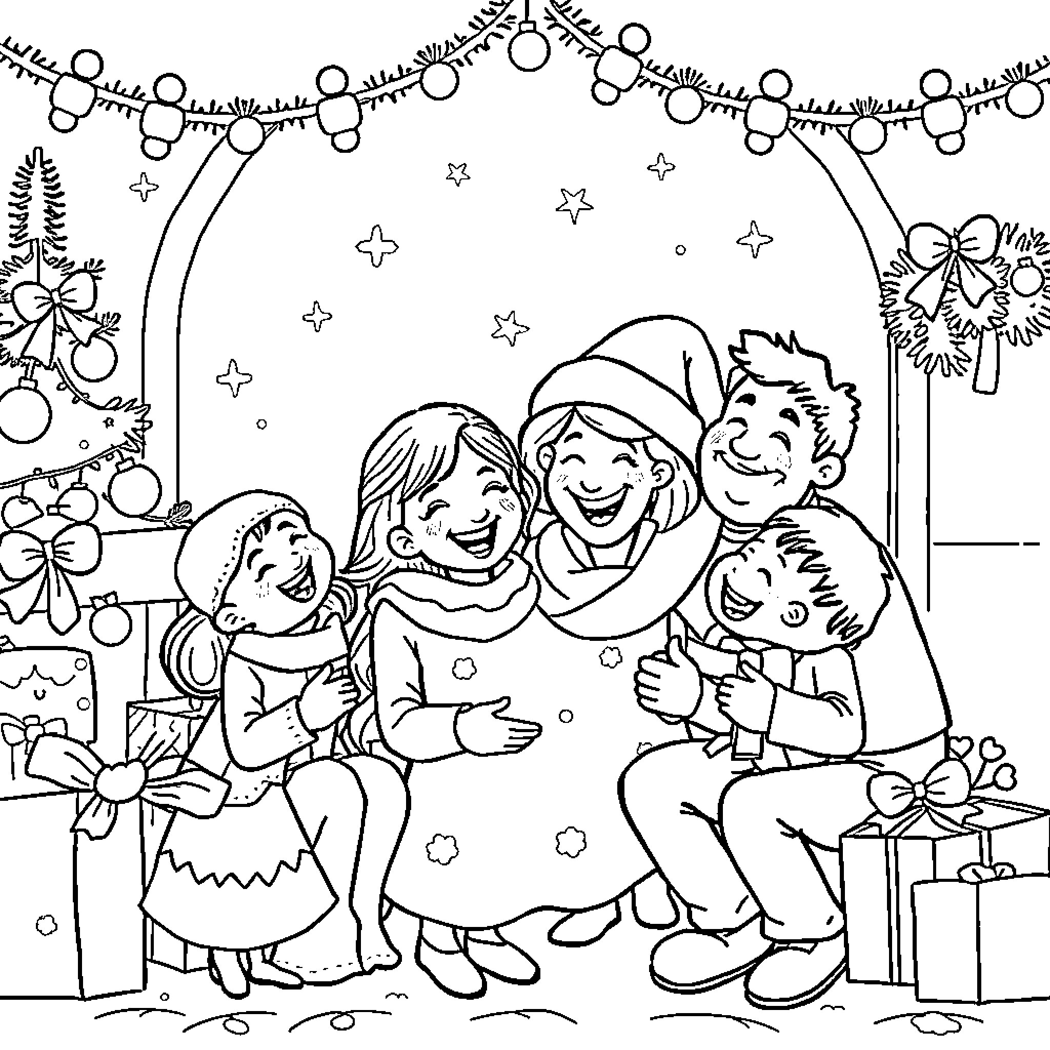Bluey's Family Celebrating Christmas Together Coloring Page (free black-and-white line drawing printable PDF for all, from beginners to advanced learners, including children, teens, adults, and seniors)