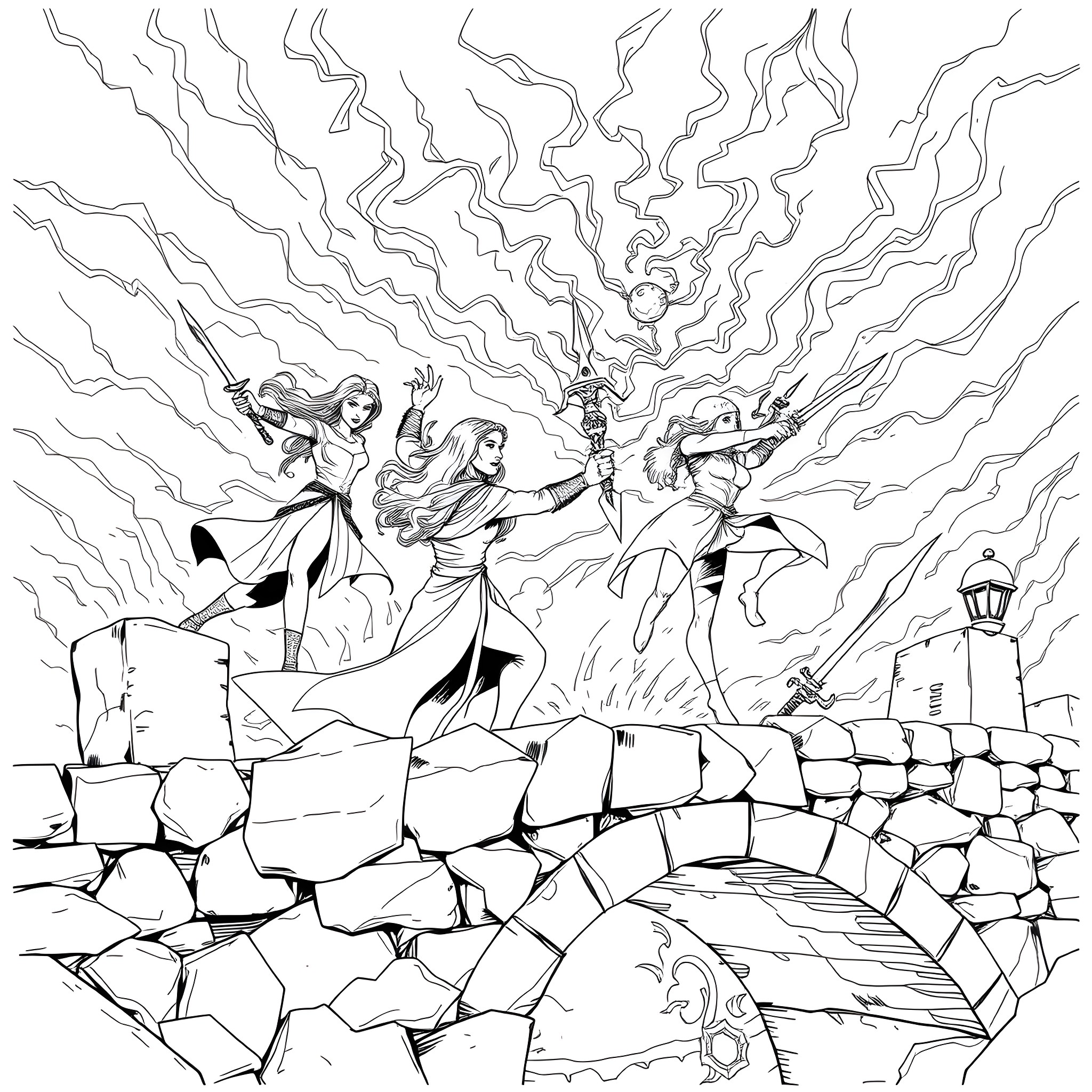 Buffy and friends battle supernatural forces in the night Coloring Page (free black-and-white line drawing printable PDF for all, from beginners to advanced learners, including children, teens, adults, and seniors)