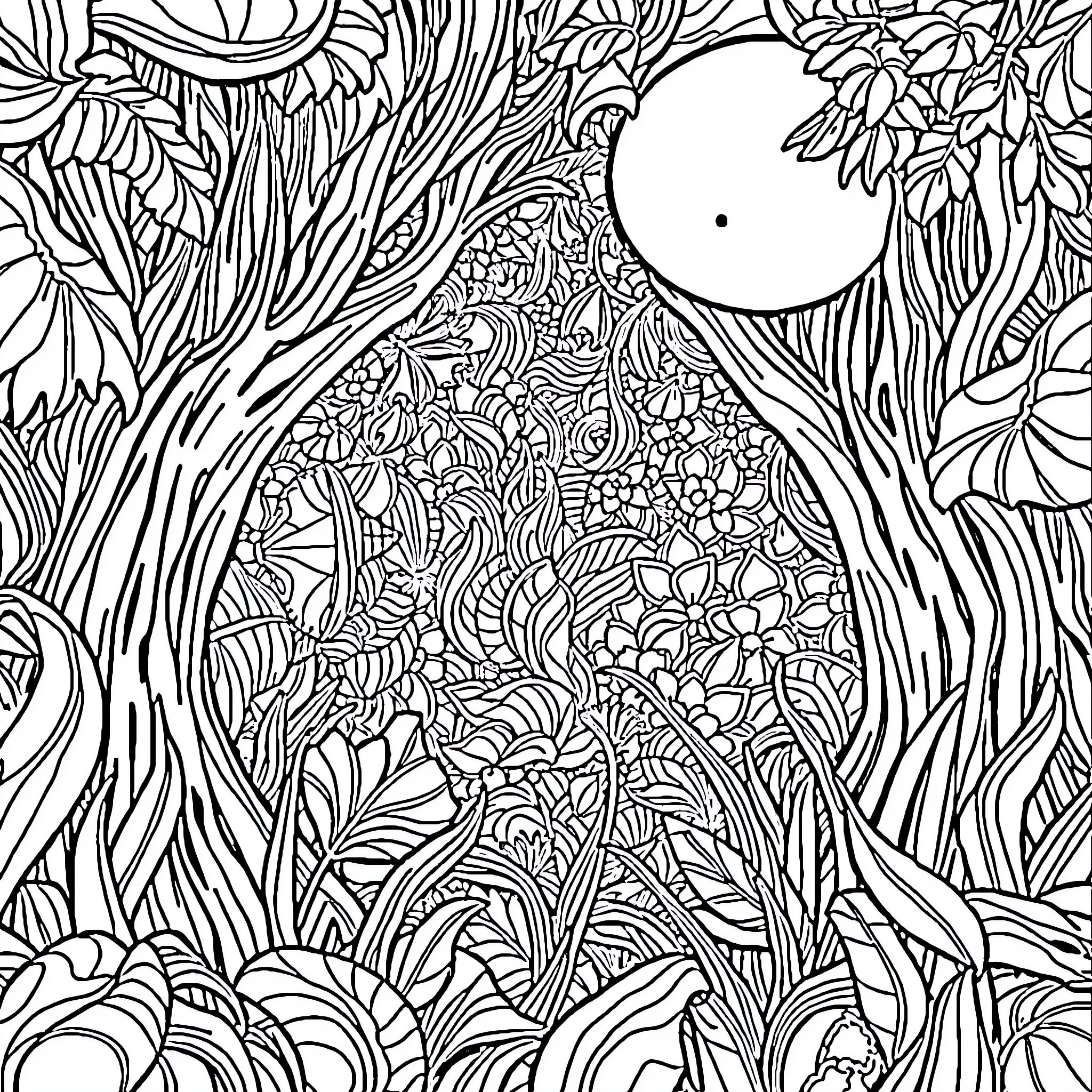 Hidden Picture of a Whimsical Floral Landscape Coloring Page (free black-and-white line drawing printable PDF for all, from beginners to advanced learners, including children, teens, adults, and seniors)