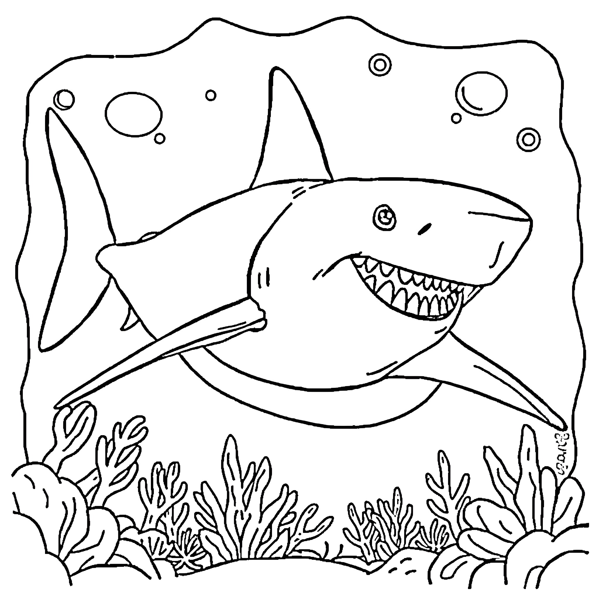 Shark swimming among sea plants Coloring Page (free black-and-white line drawing printable PDF for all, from beginners to advanced learners, including children, teens, adults, and seniors)
