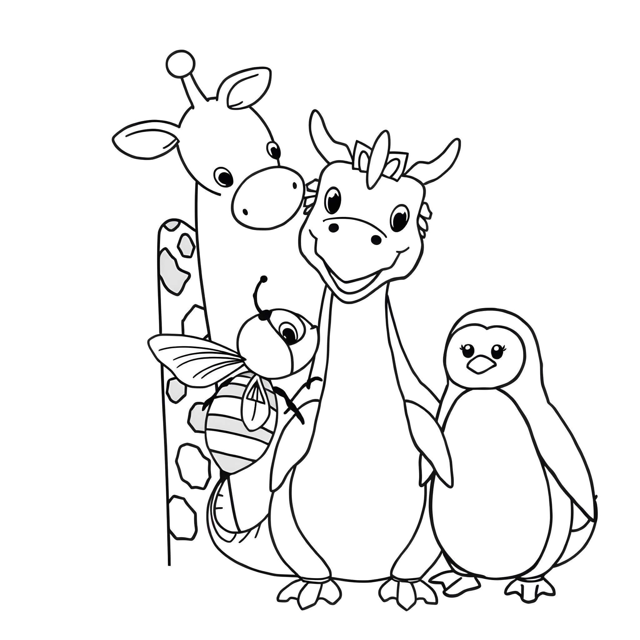 Giraffe, cow, and penguin in a friendly group Coloring Page (free black-and-white line drawing printable PDF for all, from beginners to advanced learners, including children, teens, adults, and seniors)