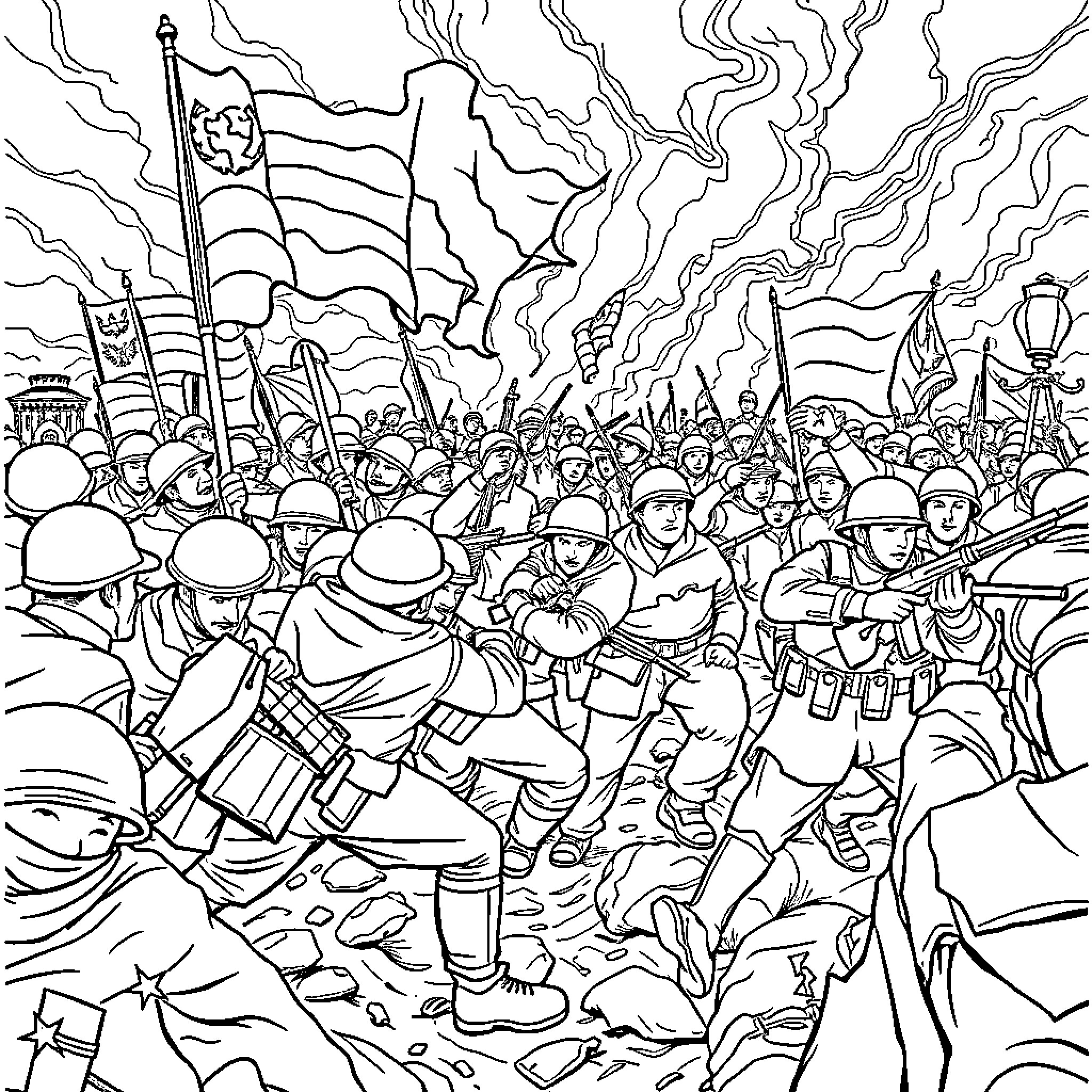 World War 2 Battle Scene with Soldiers and Flags Coloring Page (free black-and-white line drawing printable PDF for all, from beginners to advanced learners, including children, teens, adults, and seniors)