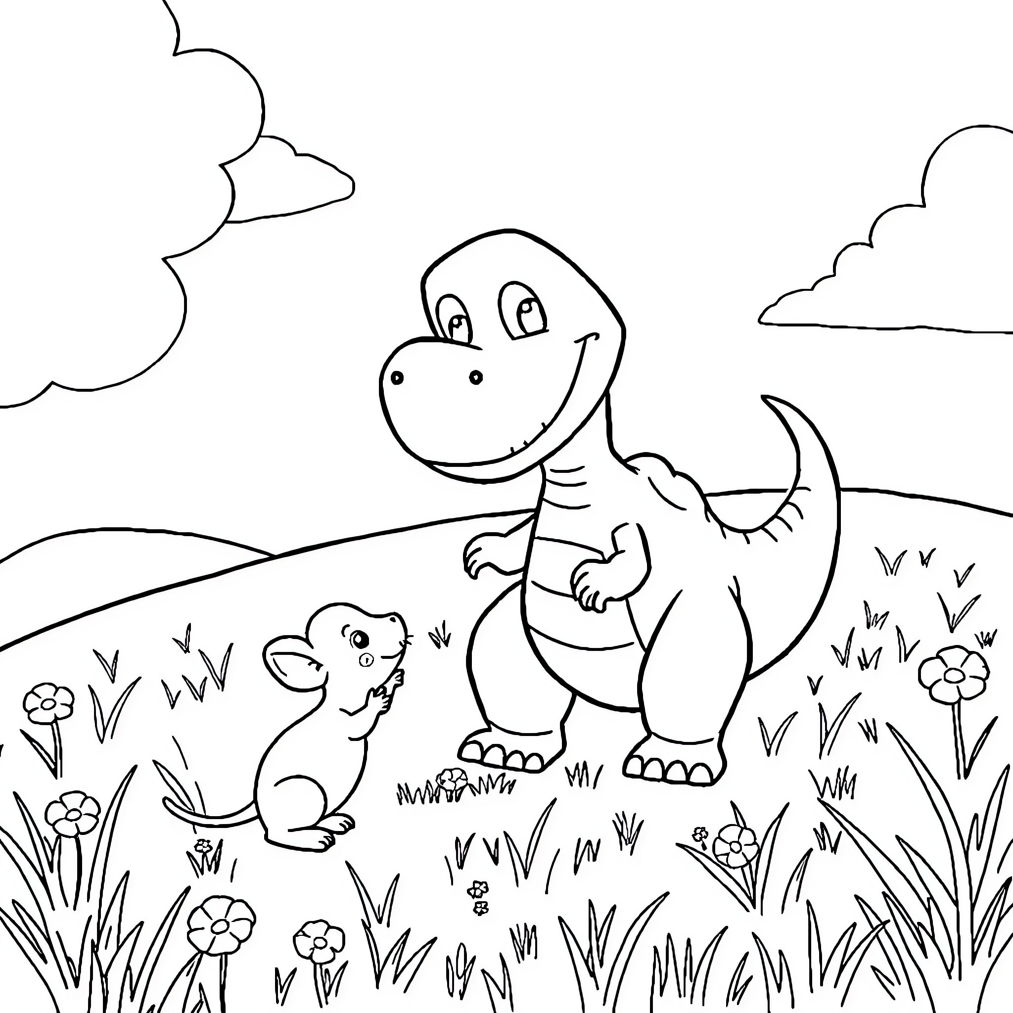 Dinosaur friends exploring the meadow Coloring Page (free black-and-white line drawing printable PDF for all, from beginners to advanced learners, including children, teens, adults, and seniors)