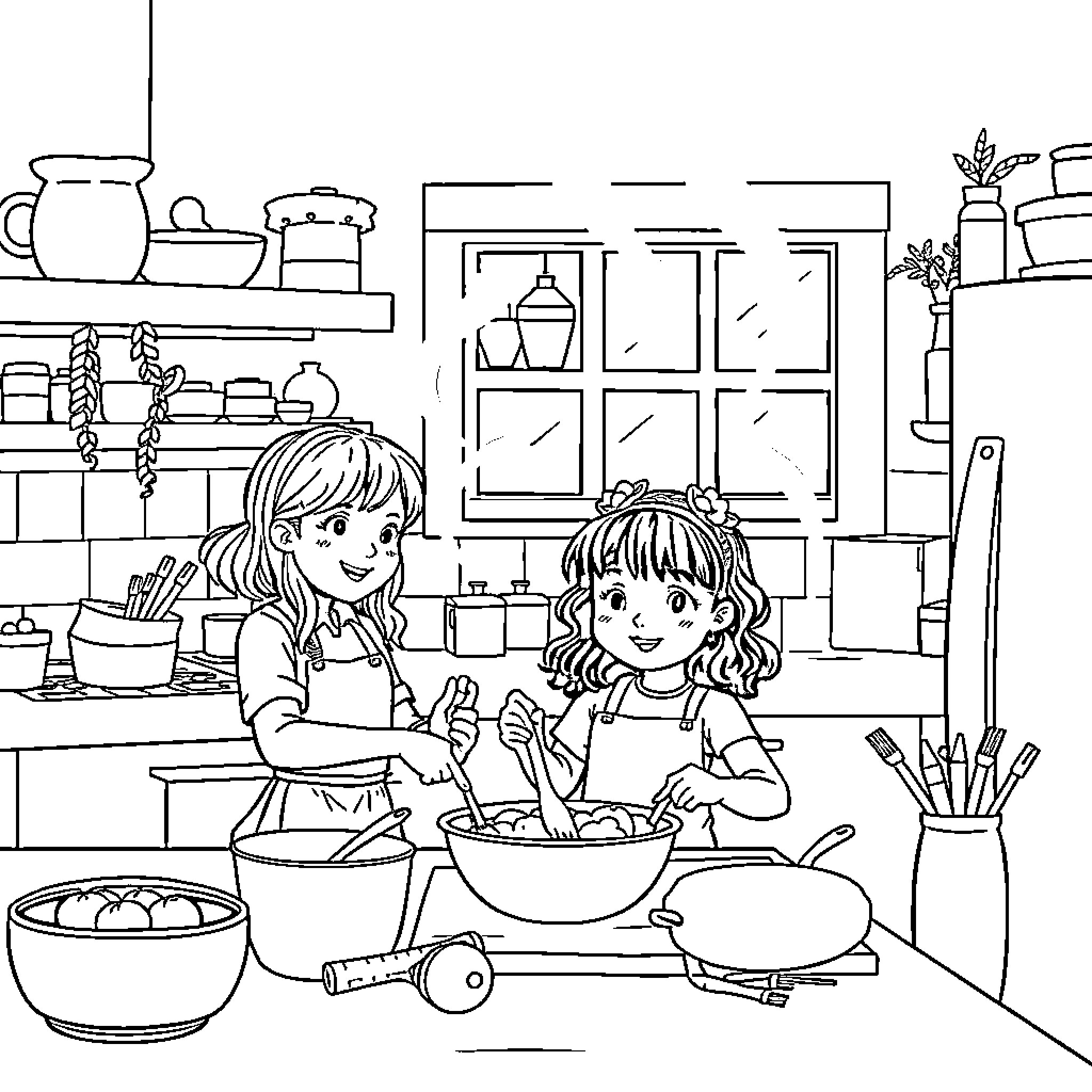 Huntrix Girls Cooking Together in the Kitchen Coloring Page (free black-and-white line drawing printable PDF for all, from beginners to advanced learners, including children, teens, adults, and seniors)