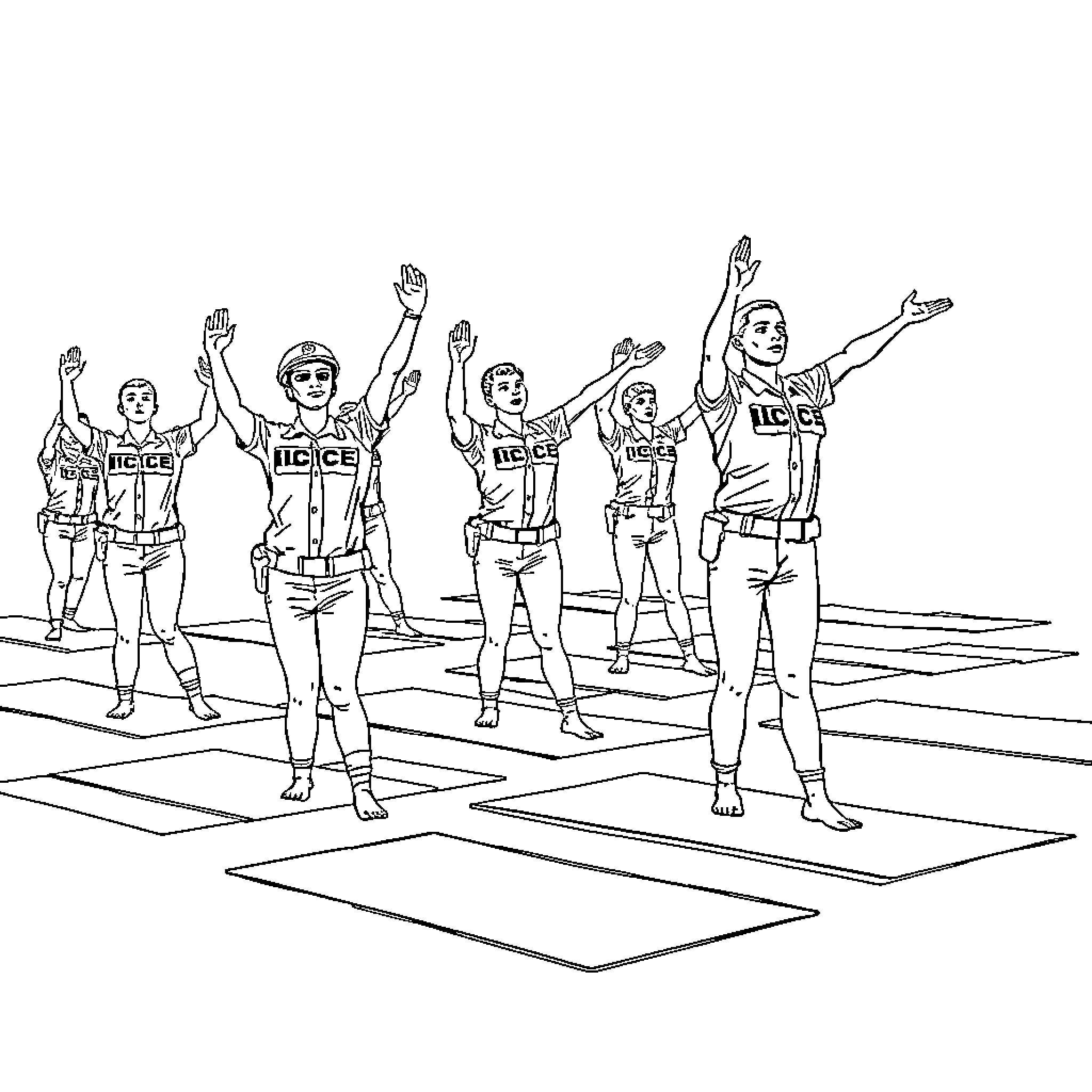 Ice Agent Team Performing Synchronized Calisthenics Coloring Page (free black-and-white line drawing printable PDF for all, from beginners to advanced learners, including children, teens, adults, and seniors)