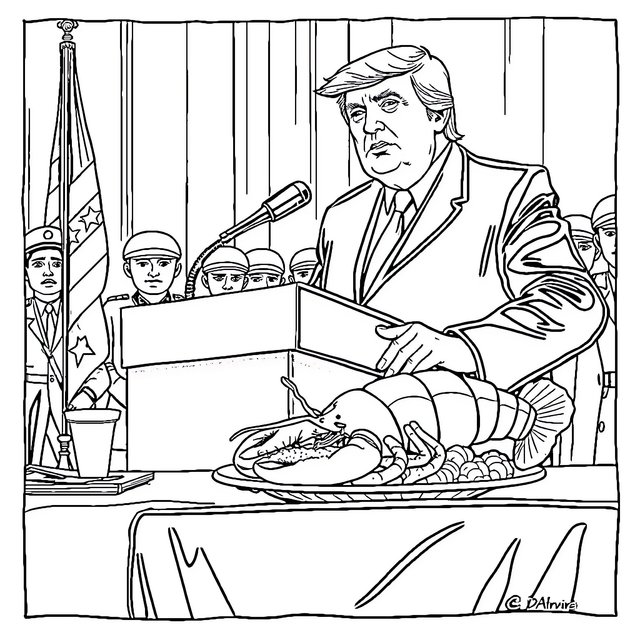 Trump speaking at podium with Thanksgiving turkey Coloring Page (free black-and-white line drawing printable PDF for all, from beginners to advanced learners, including children, teens, adults, and seniors)