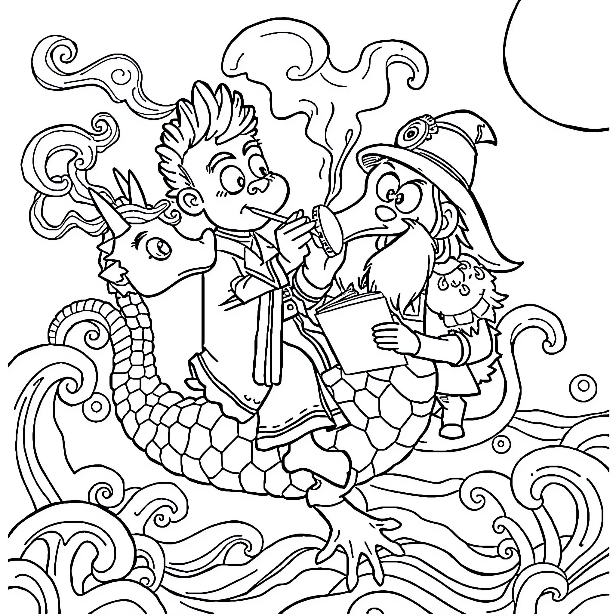 Seahorse playing with whimsical sea creatures Coloring Page (free black-and-white line drawing printable PDF for all, from beginners to advanced learners, including children, teens, adults, and seniors)