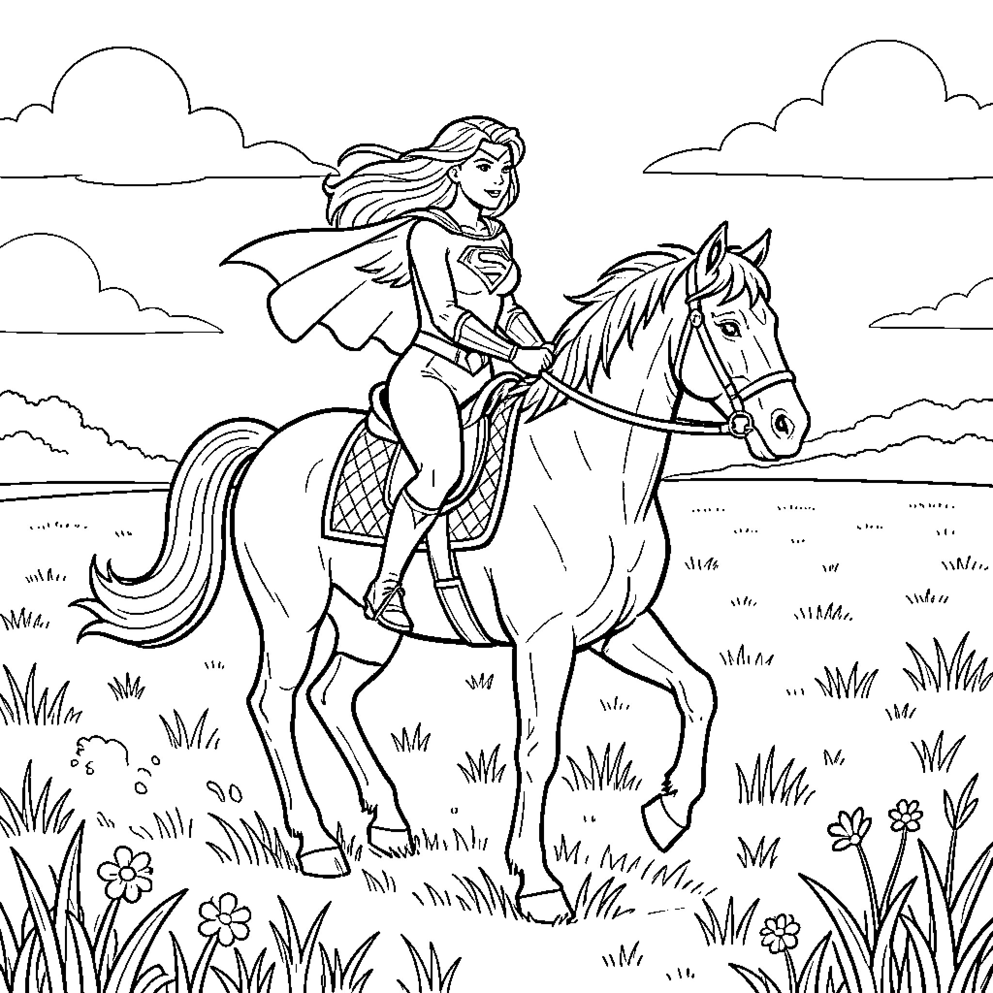 Supergirl riding a horse through a grassy field Coloring Page (free black-and-white line drawing printable PDF for all, from beginners to advanced learners, including children, teens, adults, and seniors)