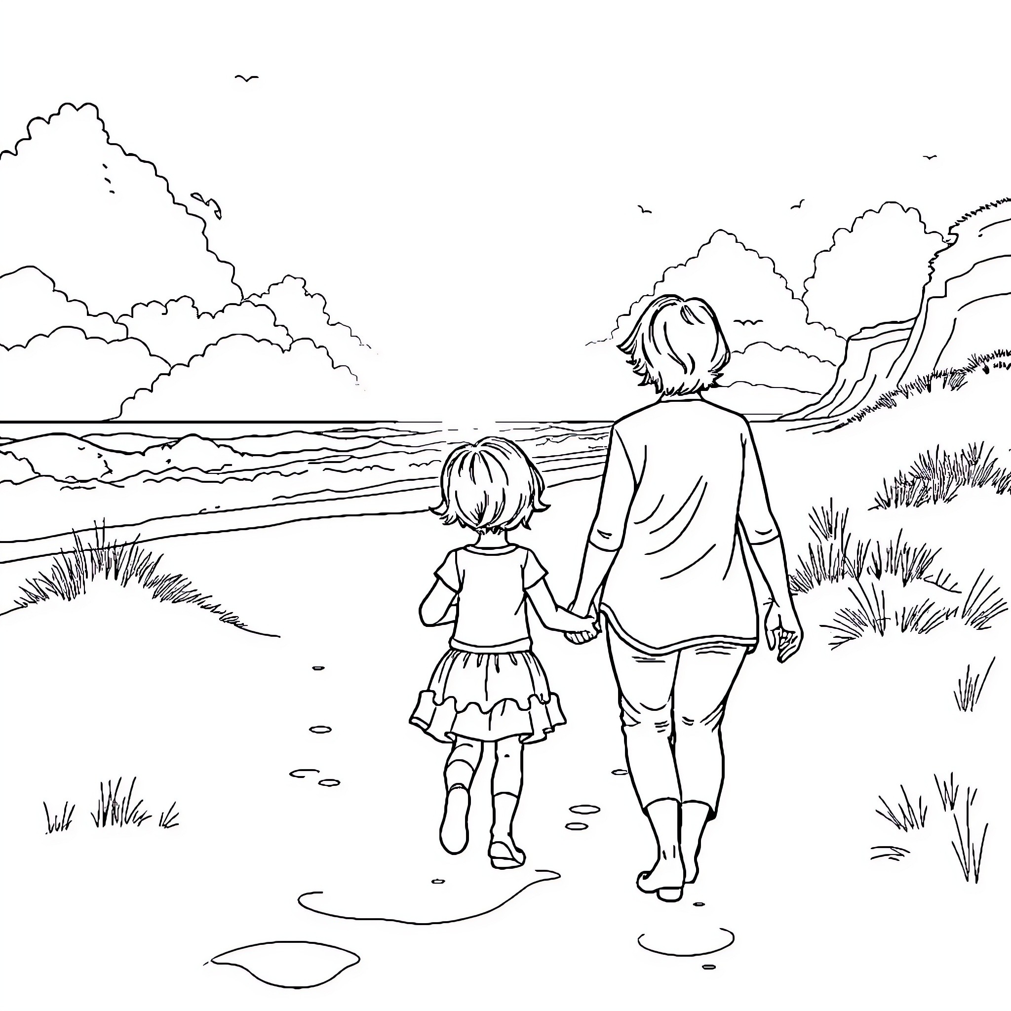 Grandma and child enjoying a walk by the lake Coloring Page (free black-and-white line drawing printable PDF for all, from beginners to advanced learners, including children, teens, adults, and seniors)