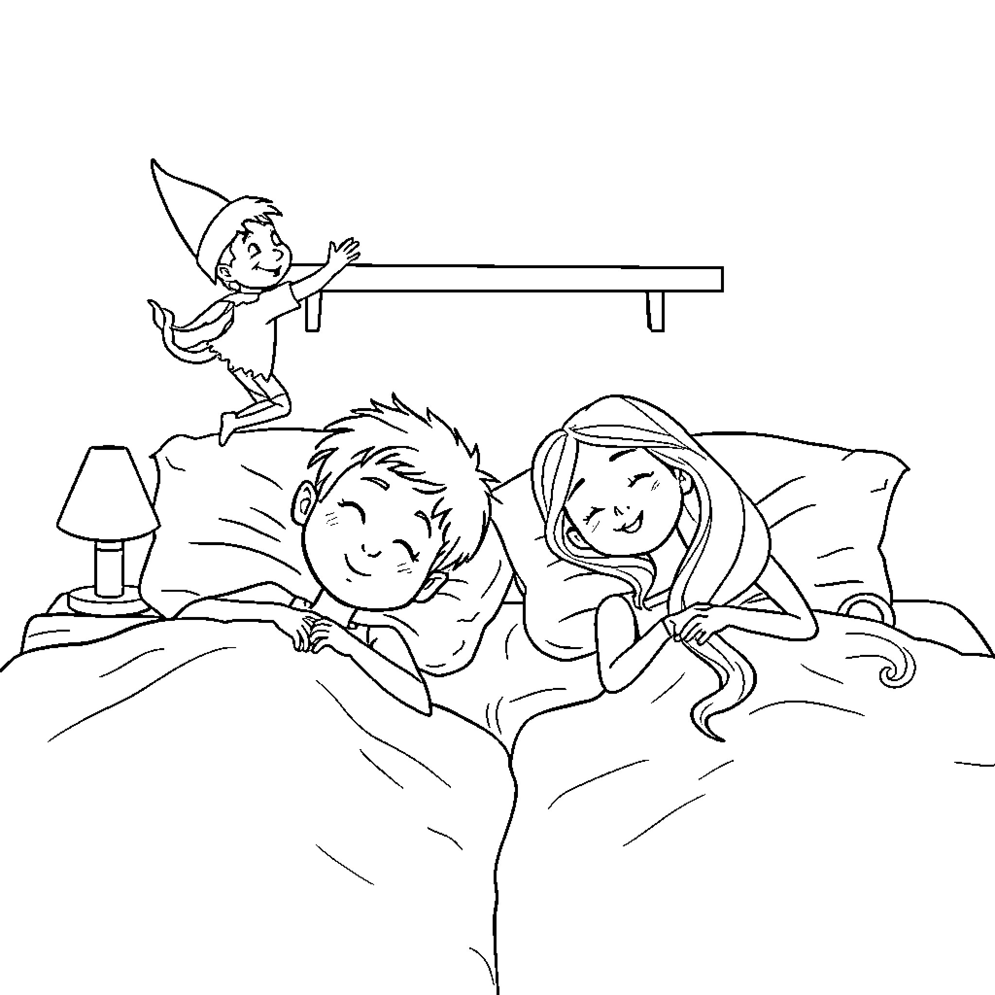 Elf Playing with Children in Bed Coloring Page (free black-and-white line drawing printable PDF for all, from beginners to advanced learners, including children, teens, adults, and seniors)