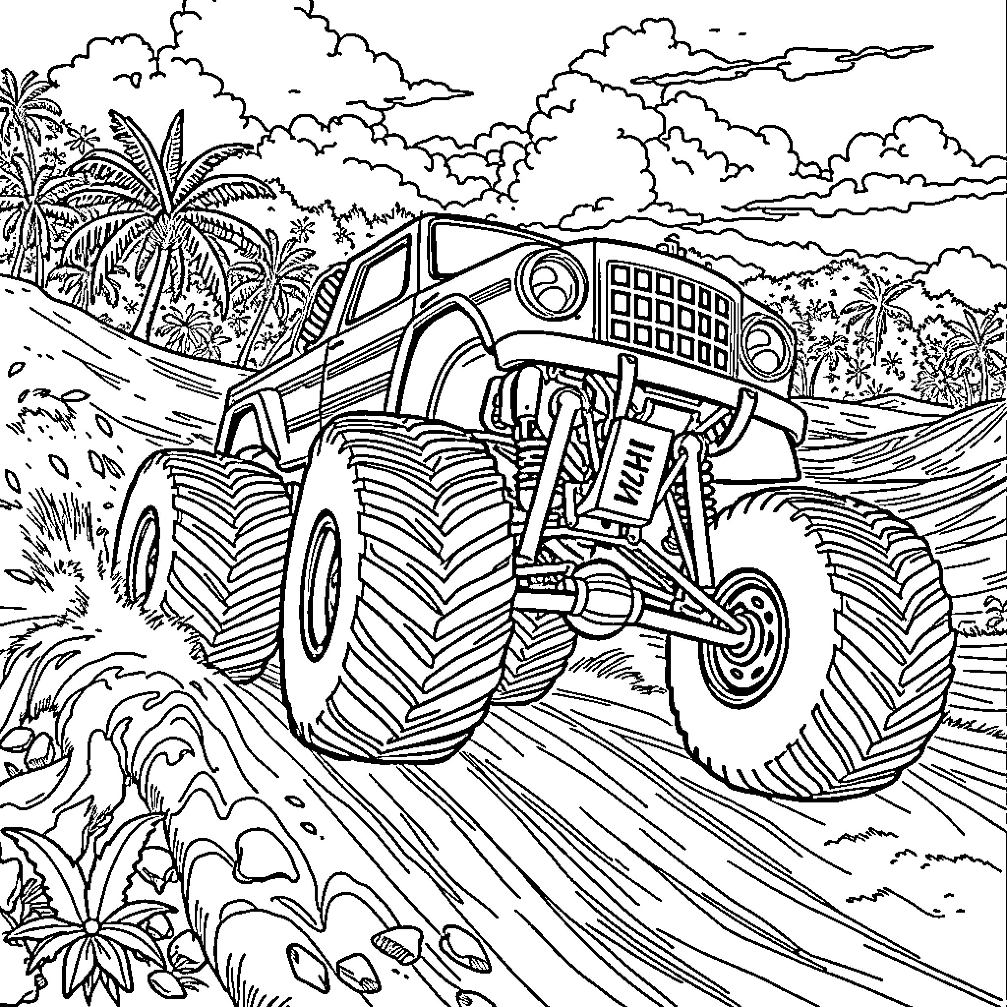 Monster Truck Navigating Rugged Terrain Coloring Page (free black-and-white line drawing printable PDF for all, from beginners to advanced learners, including children, teens, adults, and seniors)