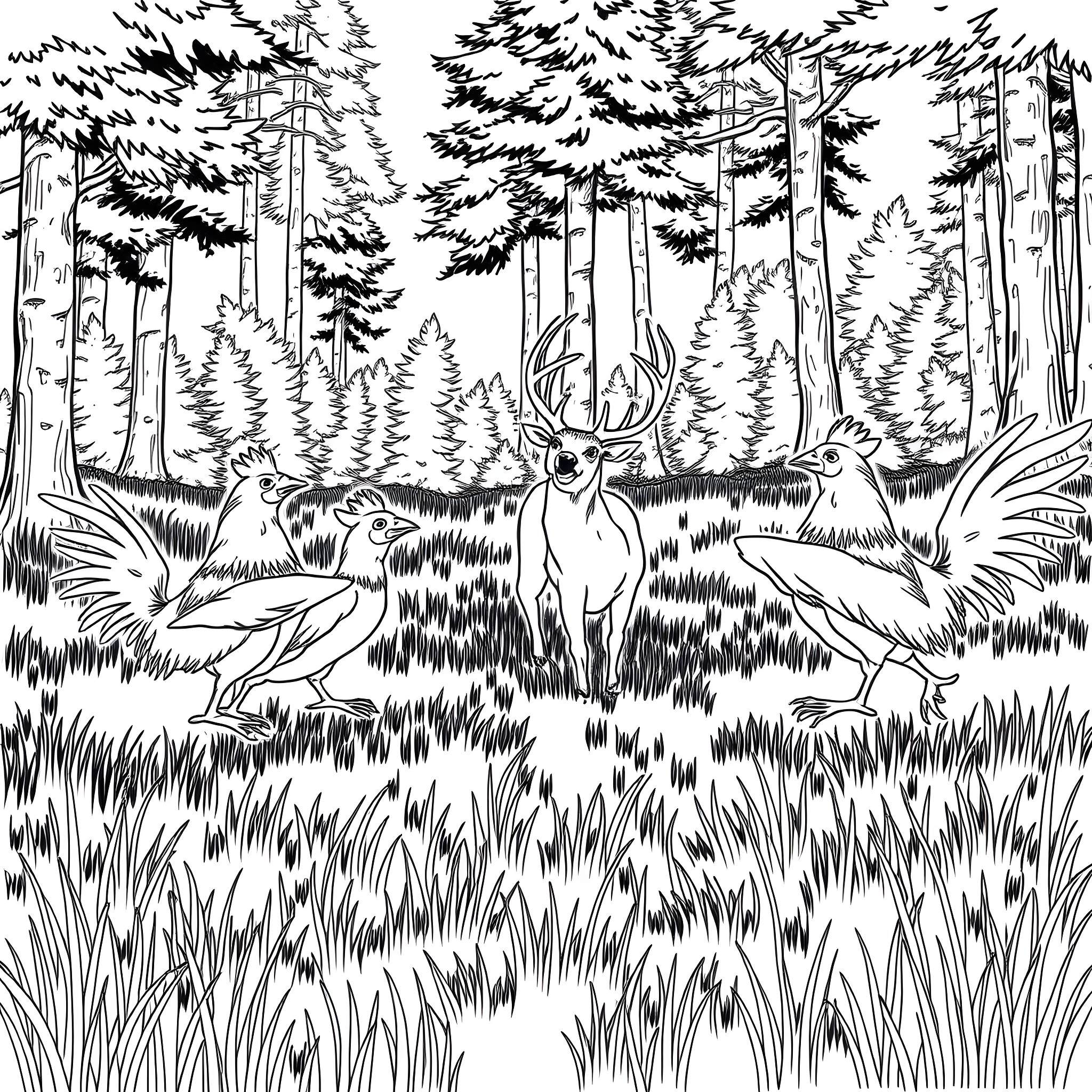 Kungfu Chicken Defending Deer in Mystical Forest Coloring Page (free black-and-white line drawing printable PDF for all, from beginners to advanced learners, including children, teens, adults, and seniors)