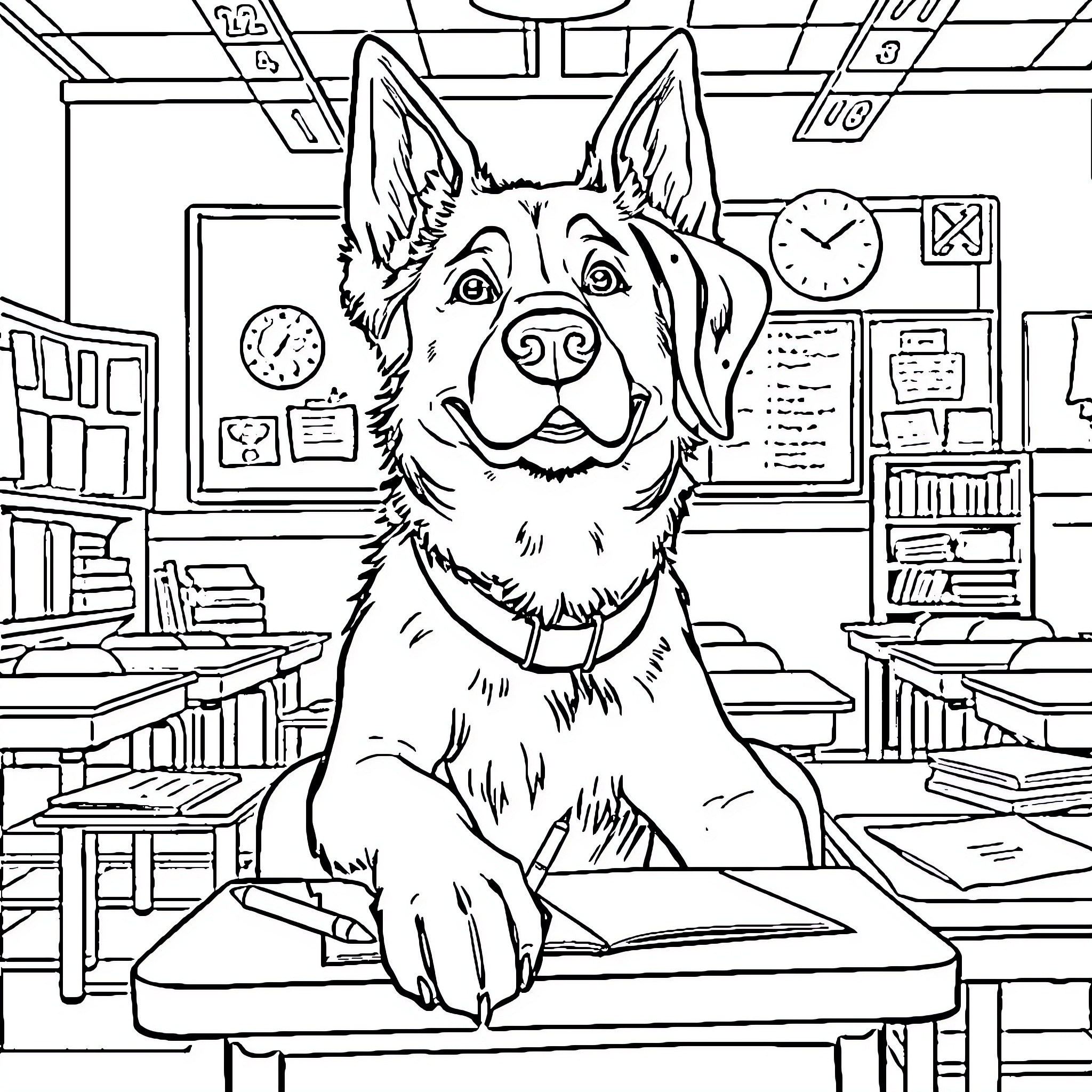 Dogman working diligently in classroom Coloring Page (free black-and-white line drawing printable PDF for all, from beginners to advanced learners, including children, teens, adults, and seniors)