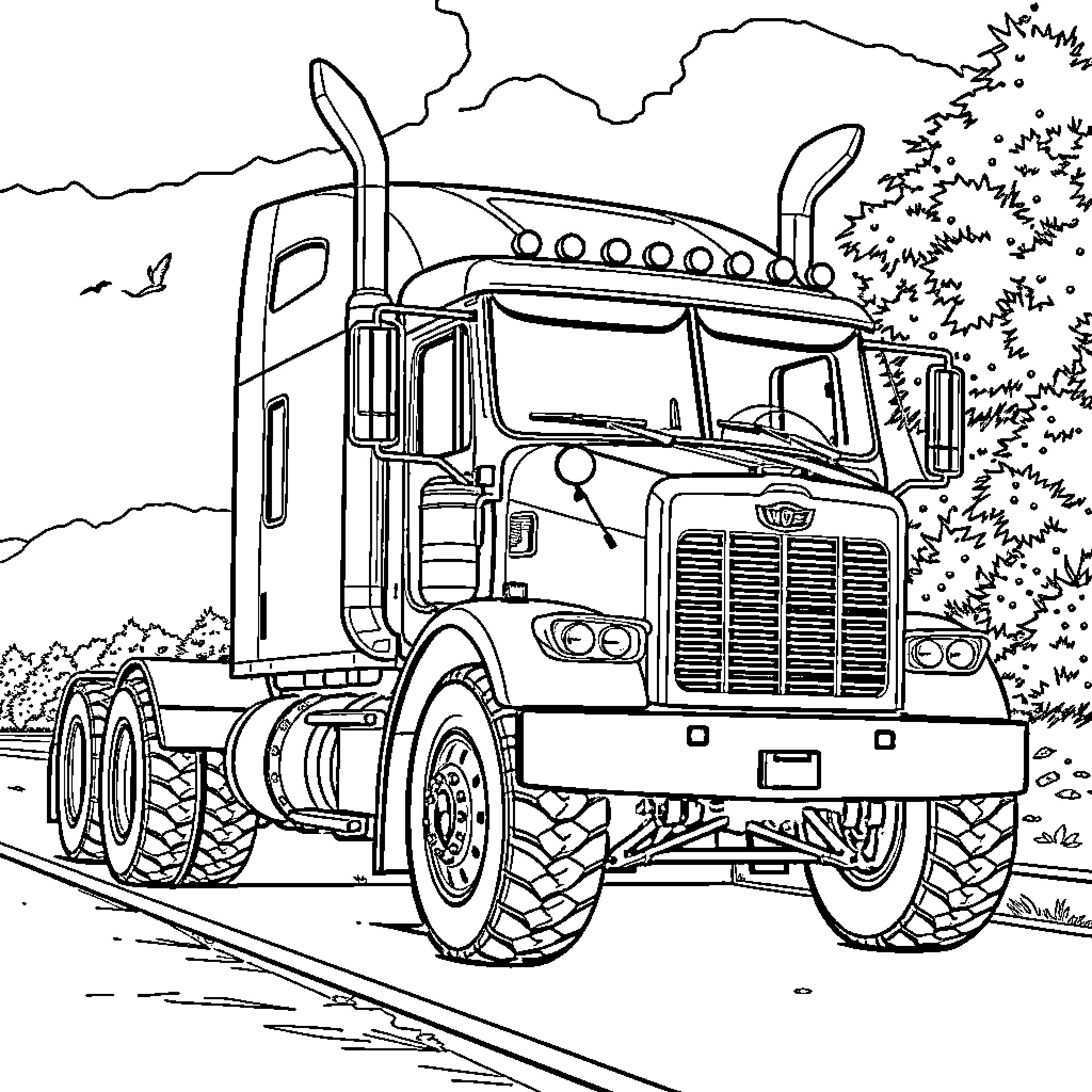 Diesel Truck Transporting Goods on the Road Coloring Page (free black-and-white line drawing printable PDF for all, from beginners to advanced learners, including children, teens, adults, and seniors)