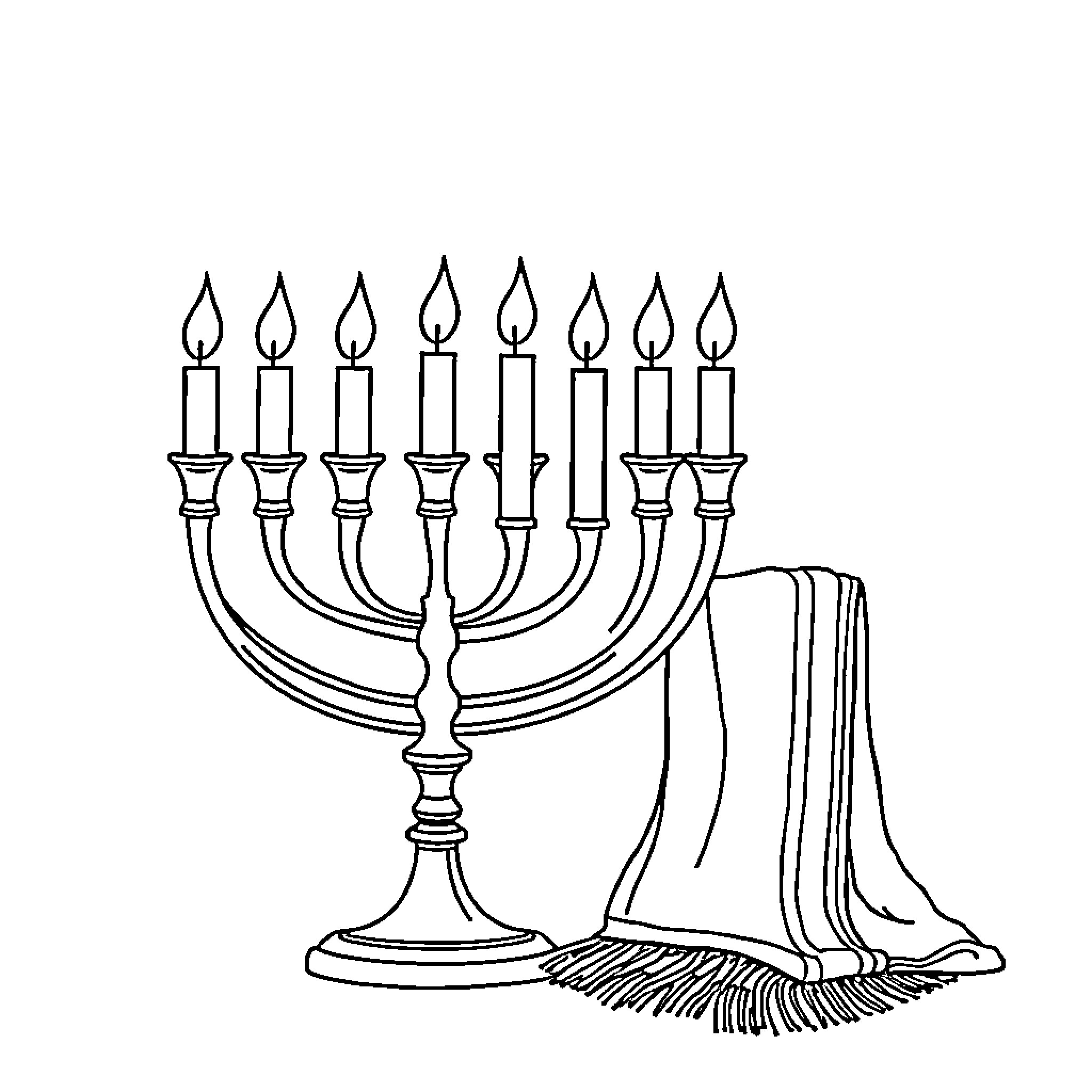 Menorah with lit candles and religious drapes Coloring Page (free black-and-white line drawing printable PDF for all, from beginners to advanced learners, including children, teens, adults, and seniors)