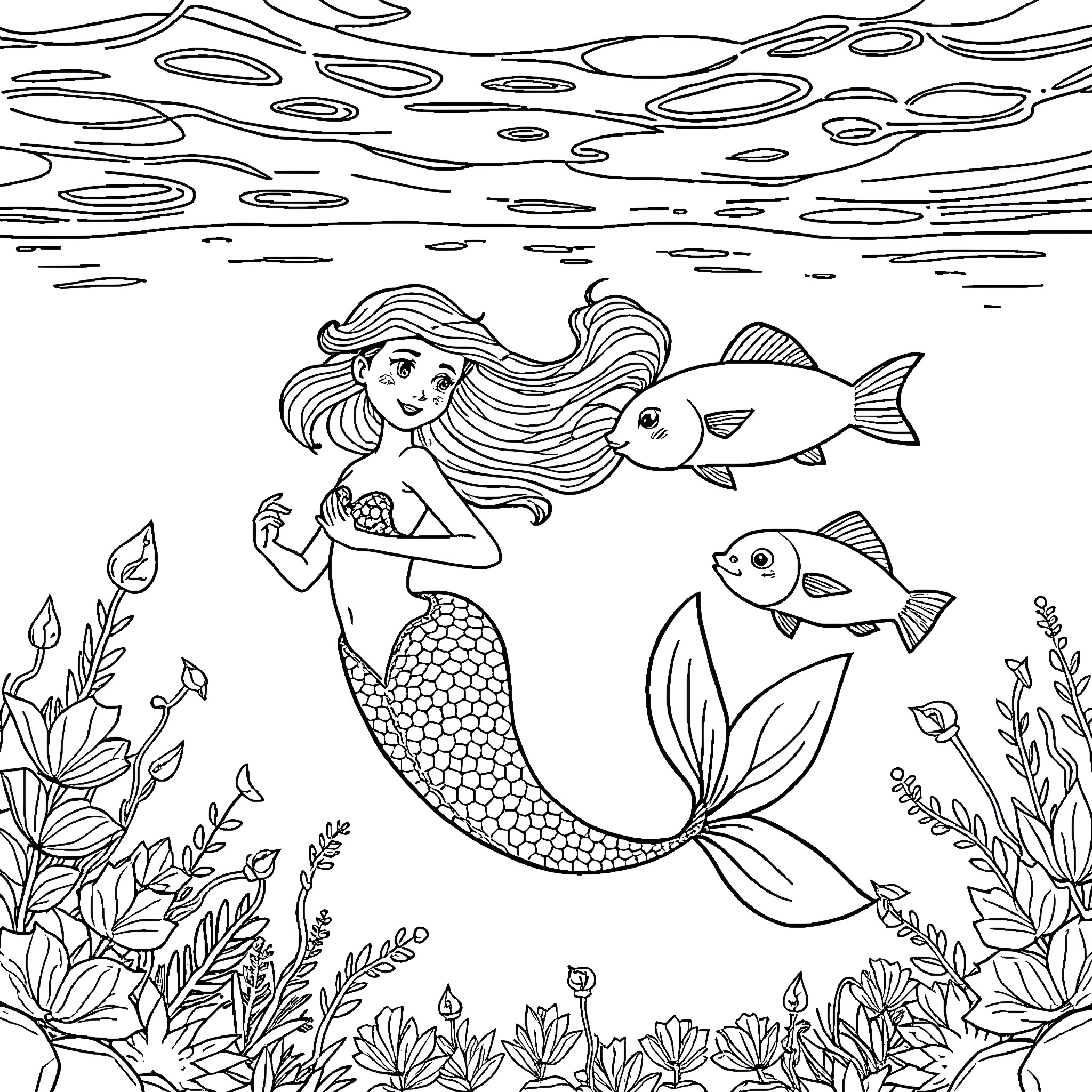 Mermaid swimming with friendly fish in the sea Coloring Page (free black-and-white line drawing printable PDF for all, from beginners to advanced learners, including children, teens, adults, and seniors)