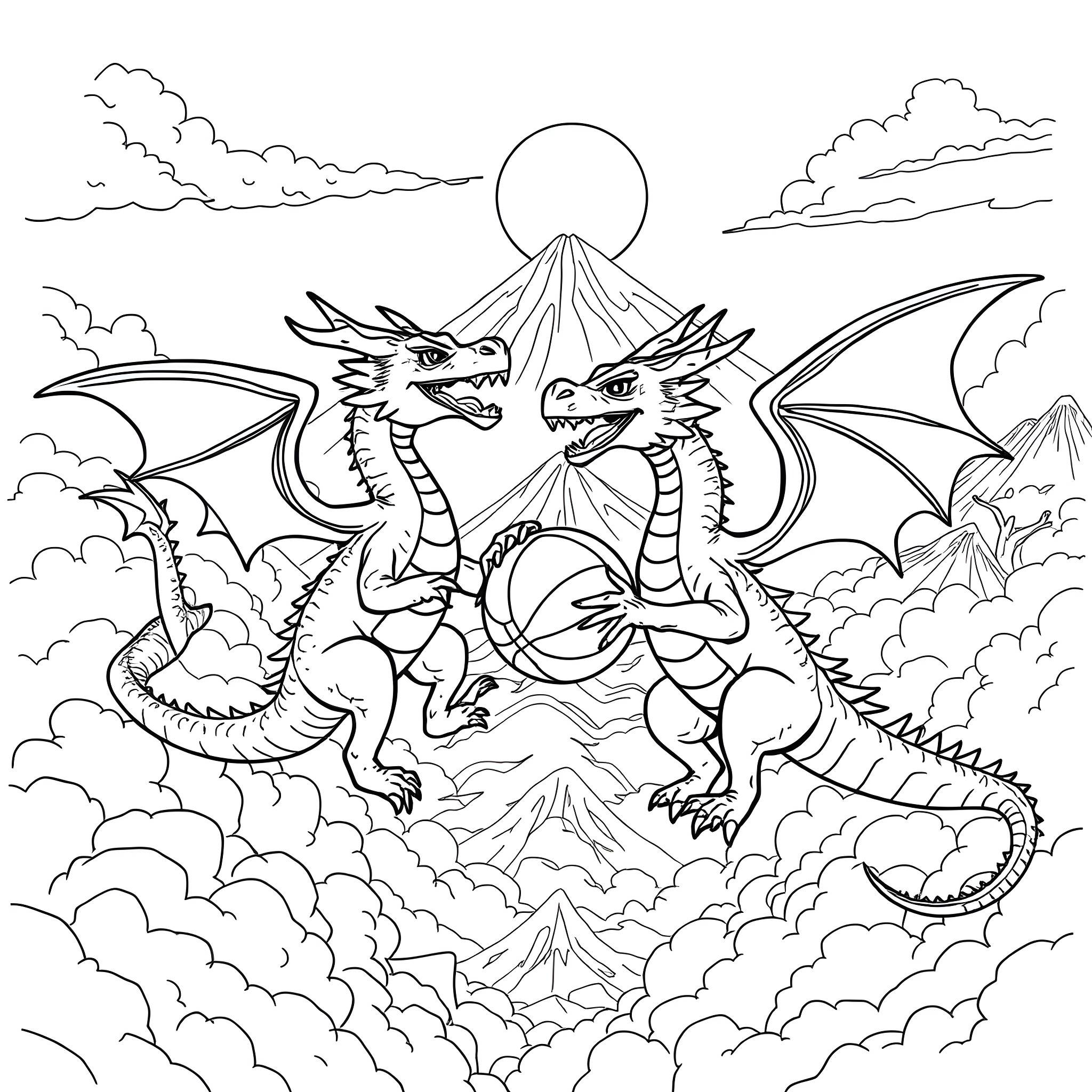 Dragon Duo Playing in the Clouds Coloring Page (free black-and-white line drawing printable PDF for all, from beginners to advanced learners, including children, teens, adults, and seniors)