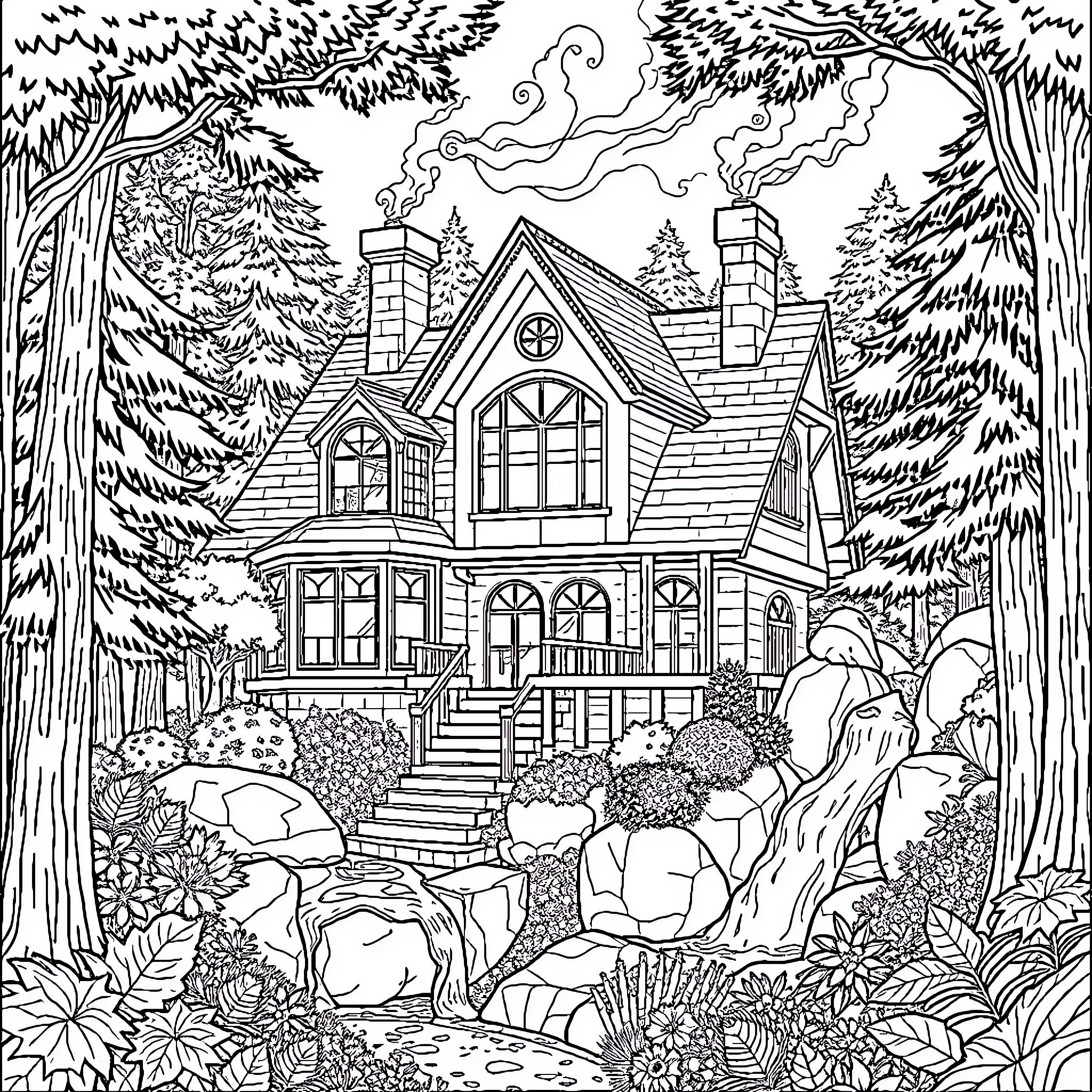 House in the enchanted forest Coloring Page (free black-and-white line drawing printable PDF for all, from beginners to advanced learners, including children, teens, adults, and seniors)