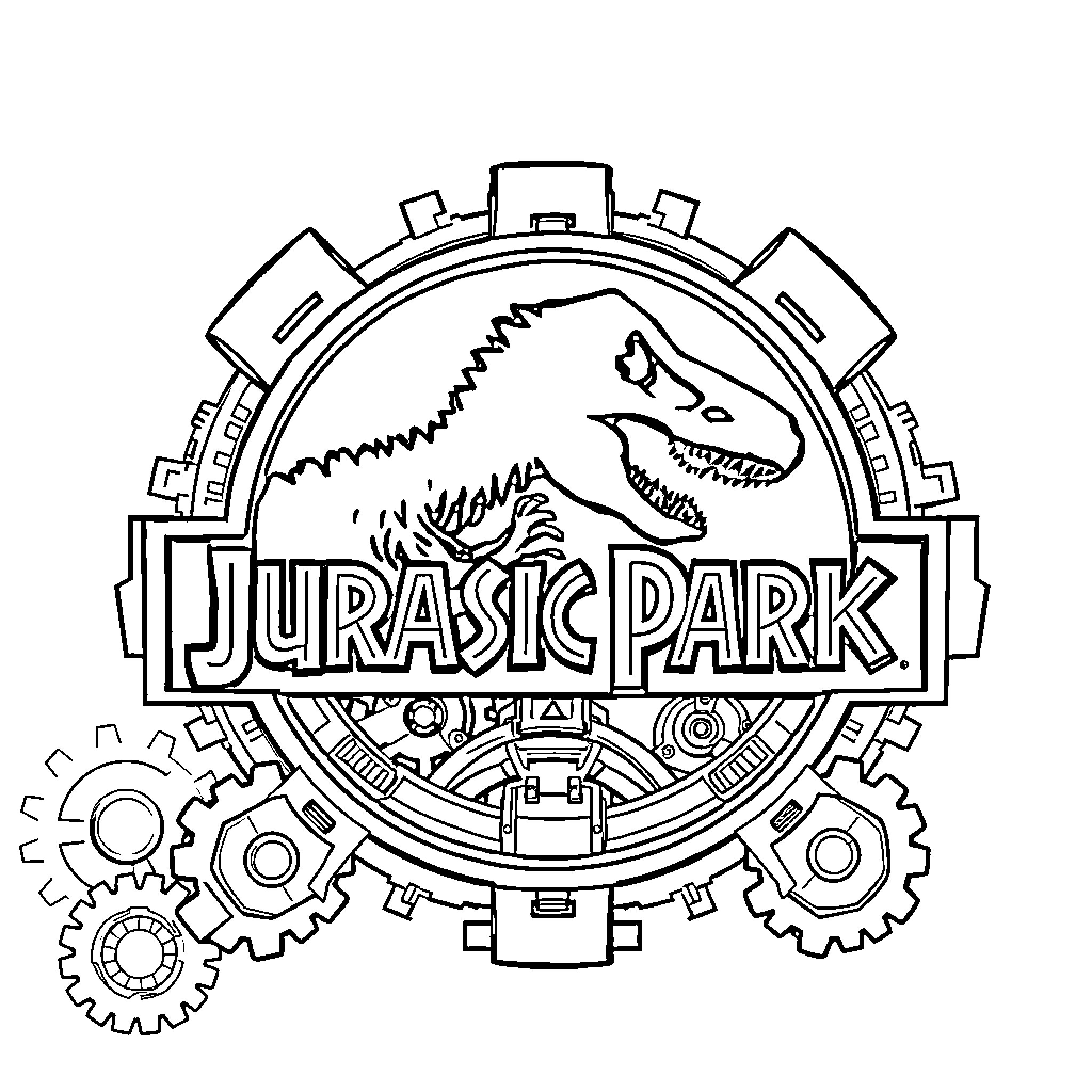 Jurassic Park Themed Adventure with Dinosaurs Coloring Page (free black-and-white line drawing printable PDF for all, from beginners to advanced learners, including children, teens, adults, and seniors)