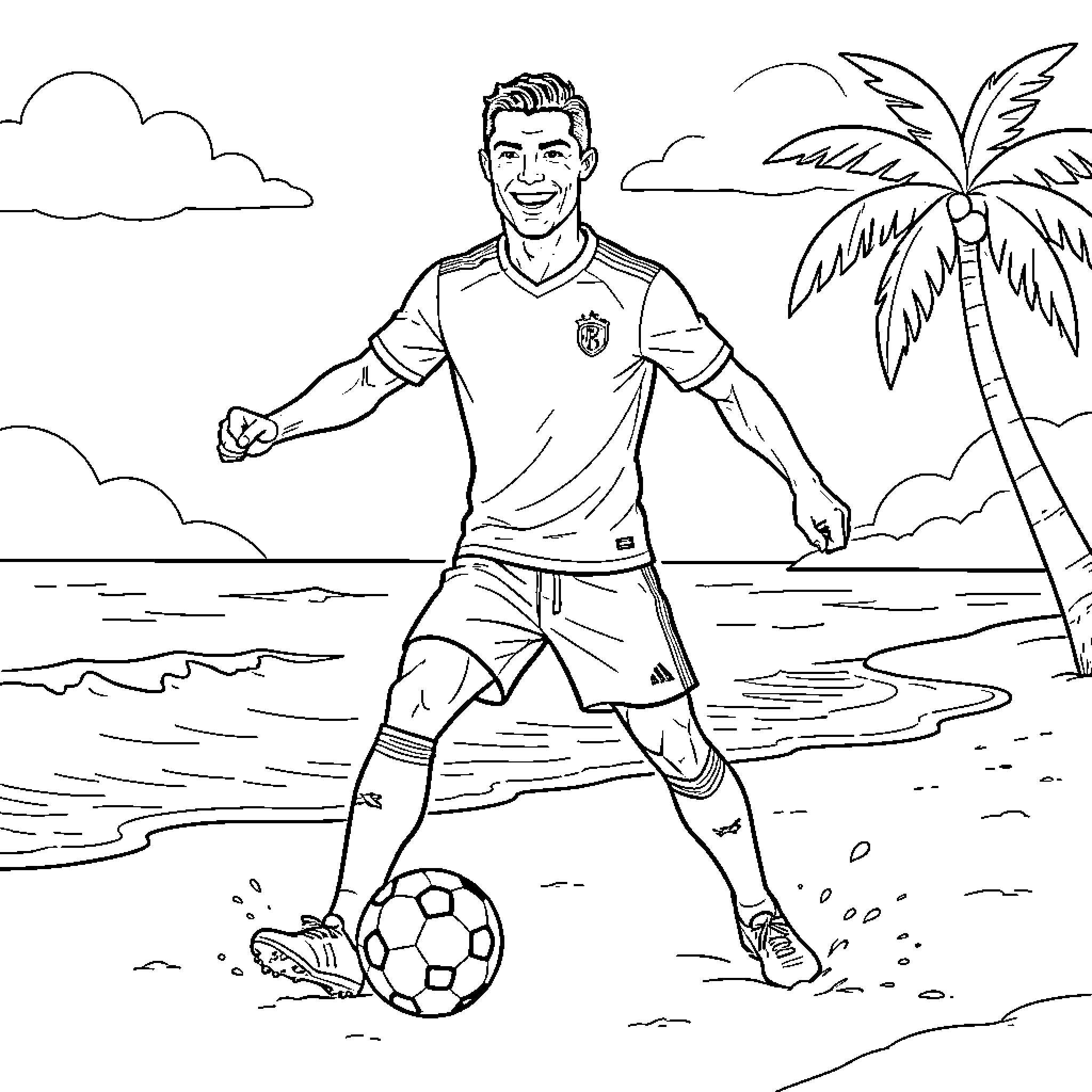 Cristiano Ronaldo playing soccer on a tropical beach Coloring Page (free black-and-white line drawing printable PDF for all, from beginners to advanced learners, including children, teens, adults, and seniors)
