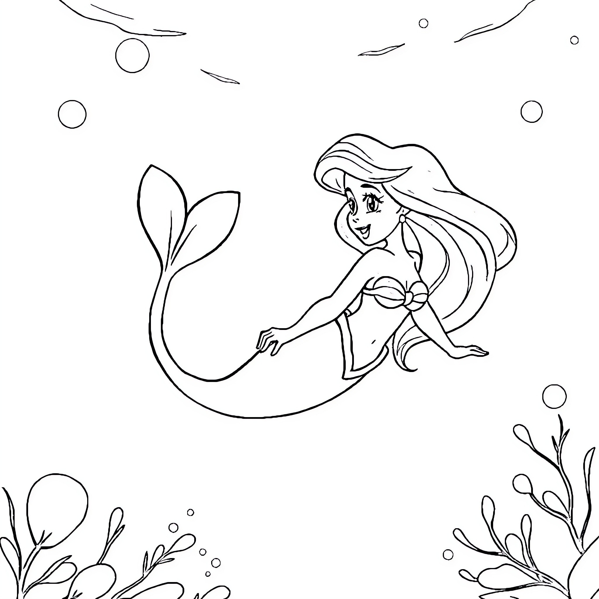 Ariel the mermaid exploring the underwater world Coloring Page (free black-and-white line drawing printable PDF for all, from beginners to advanced learners, including children, teens, adults, and seniors)