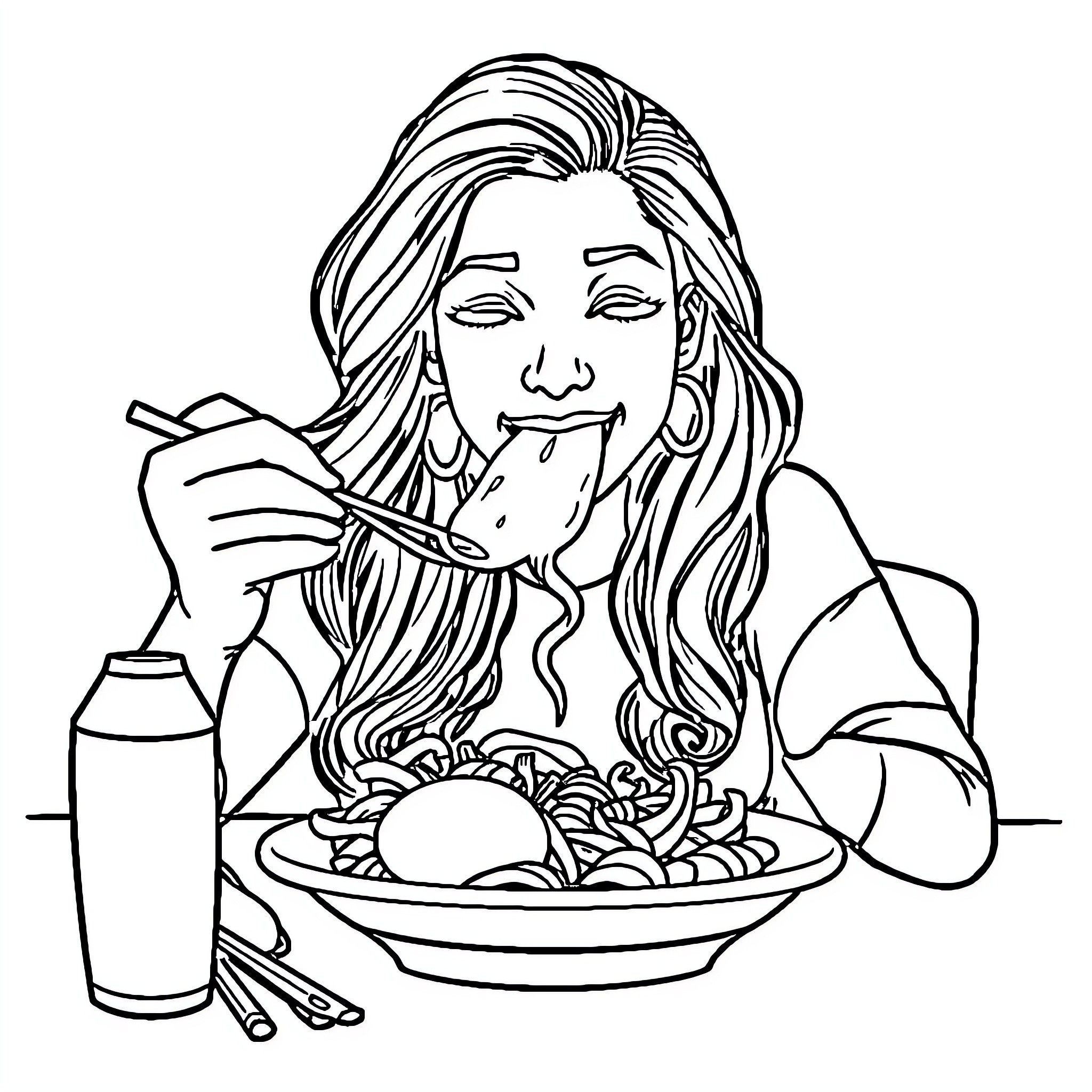 BBM Woman enjoying a meal with enthusiasm Coloring Page (free black-and-white line drawing printable PDF for all, from beginners to advanced learners, including children, teens, adults, and seniors)
