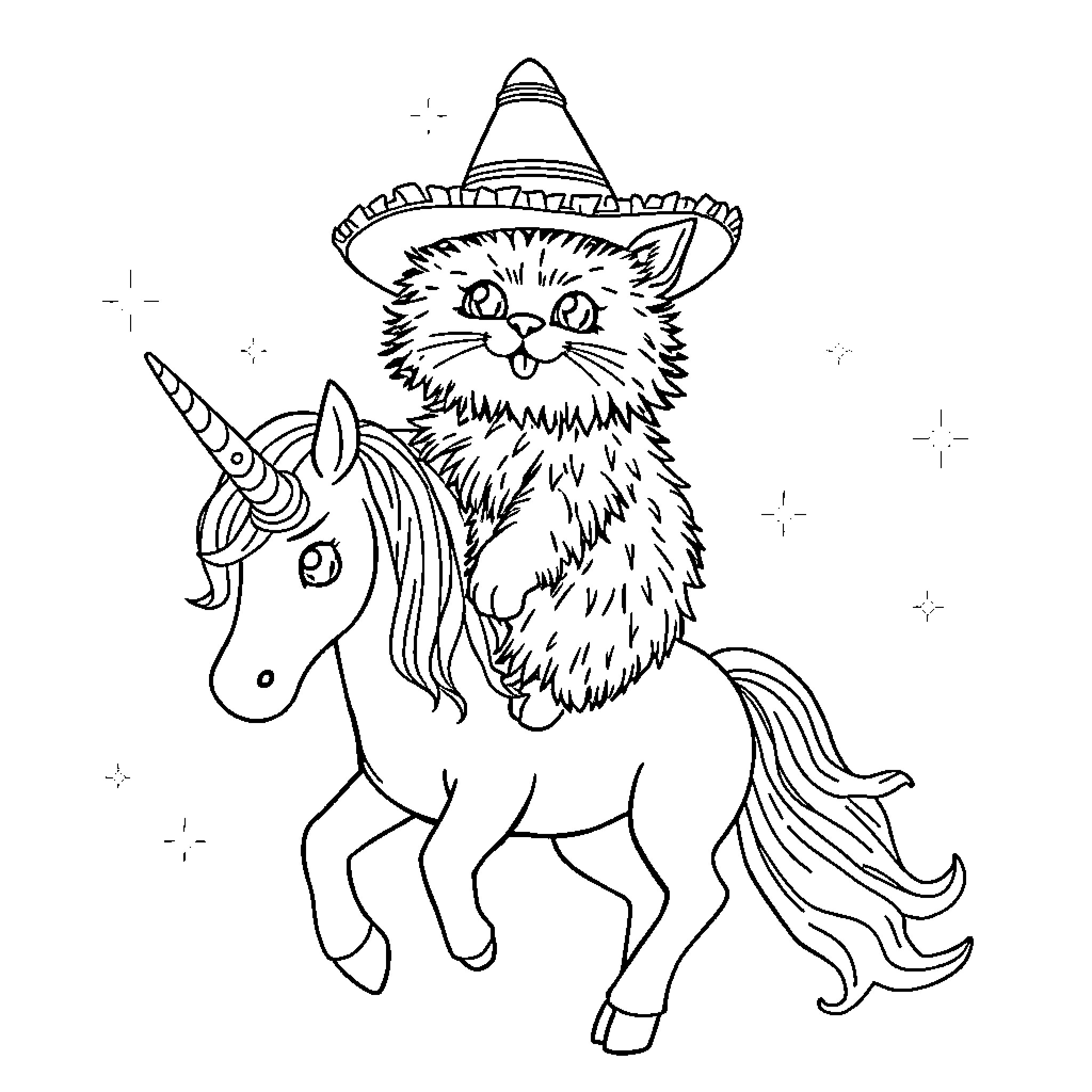 Cat wearing sombrero riding a unicorn Coloring Page (free black-and-white line drawing printable PDF for all, from beginners to advanced learners, including children, teens, adults, and seniors)