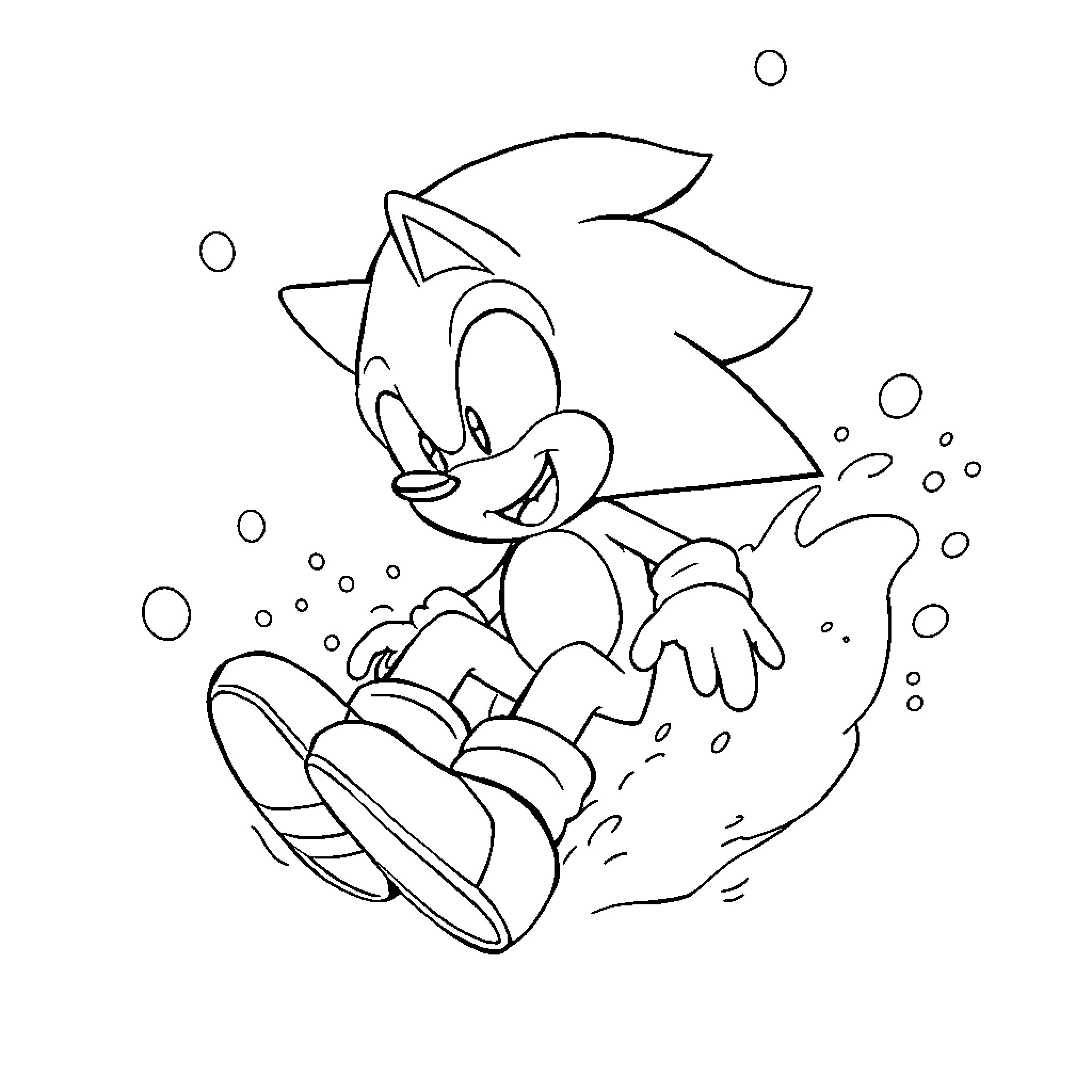 Sonic running joyfully through bubbles Coloring Page (free black-and-white line drawing printable PDF for all, from beginners to advanced learners, including children, teens, adults, and seniors)