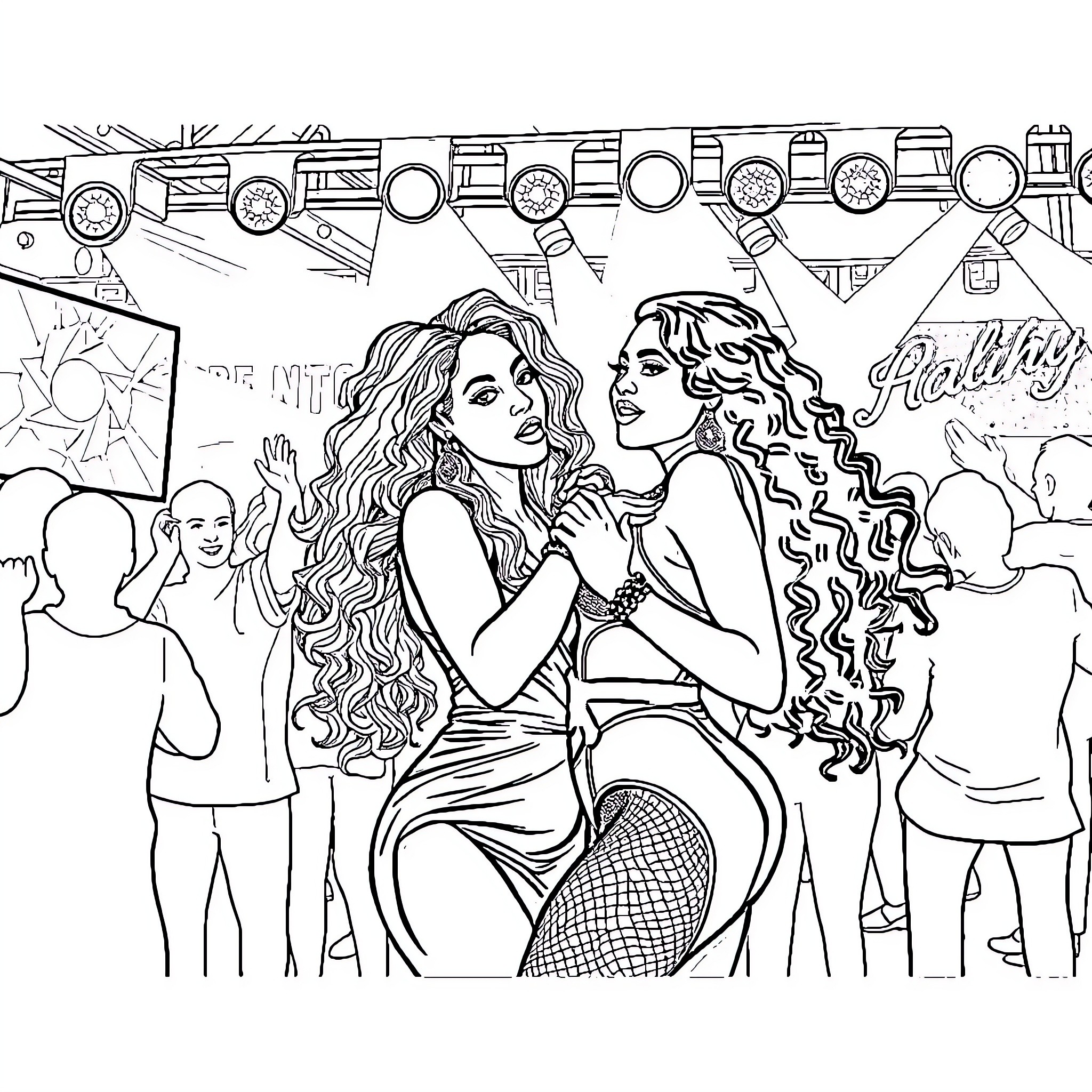 Beyonce Performing Confidently with Backup Dancers Coloring Page (free black-and-white line drawing printable PDF for all, from beginners to advanced learners, including children, teens, adults, and seniors)