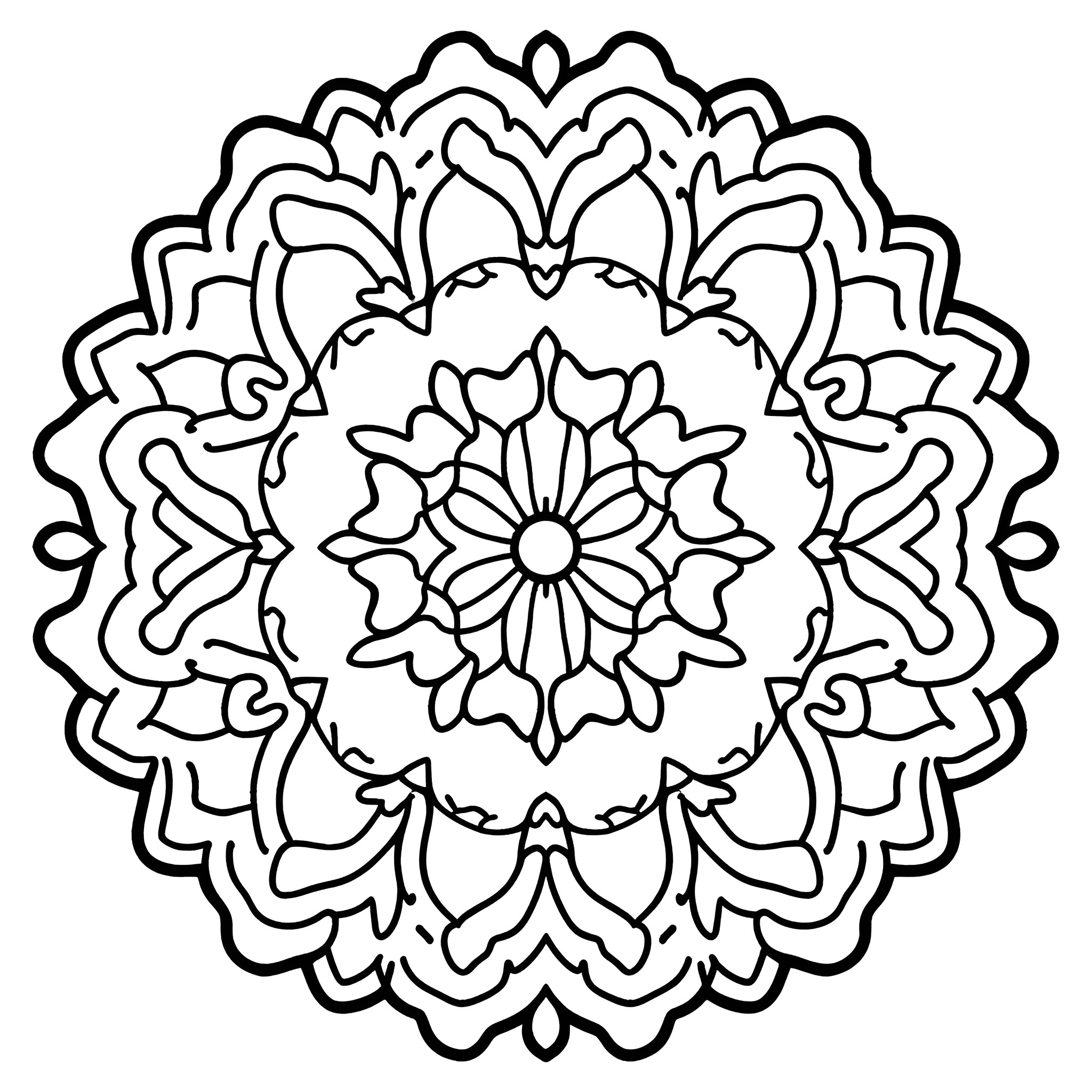 Mandala with intricate floral patterns Coloring Page (free black-and-white line drawing printable PDF for all, from beginners to advanced learners, including children, teens, adults, and seniors)