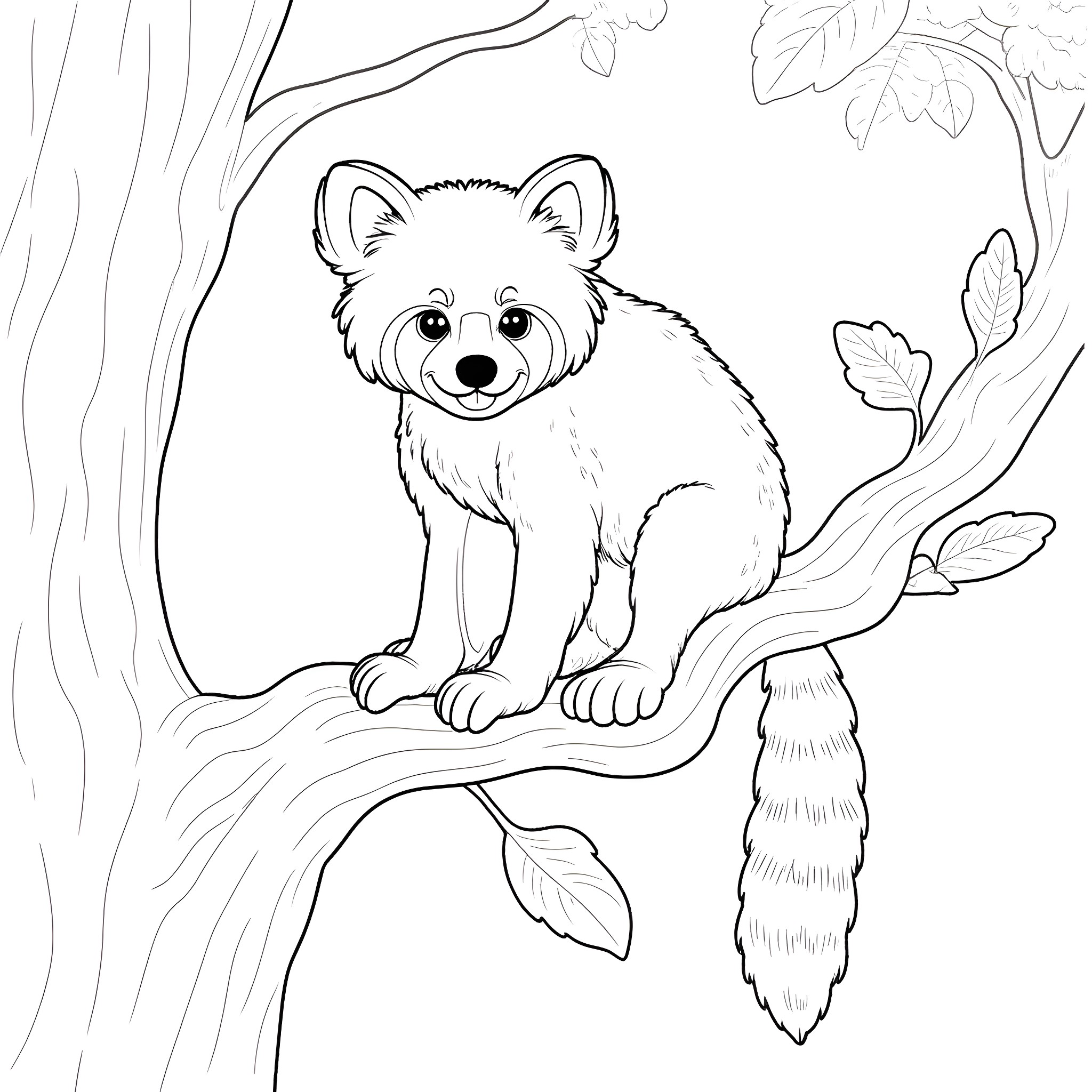 Panda sitting on tree branch in forest Coloring Page (free black-and-white line drawing printable PDF for all, from beginners to advanced learners, including children, teens, adults, and seniors)