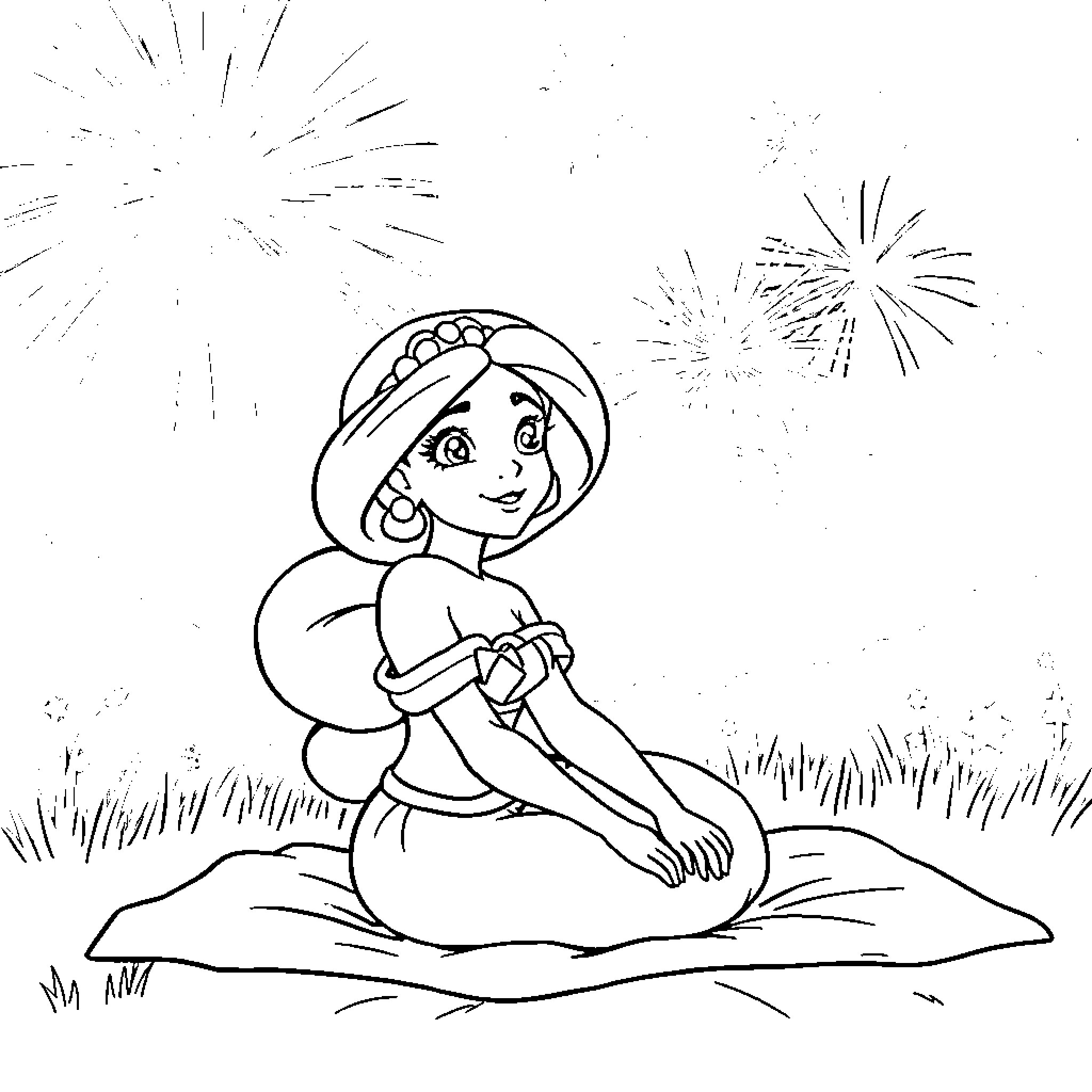 Jasmine enjoying fireworks on a magical night Coloring Page (free black-and-white line drawing printable PDF for all, from beginners to advanced learners, including children, teens, adults, and seniors)