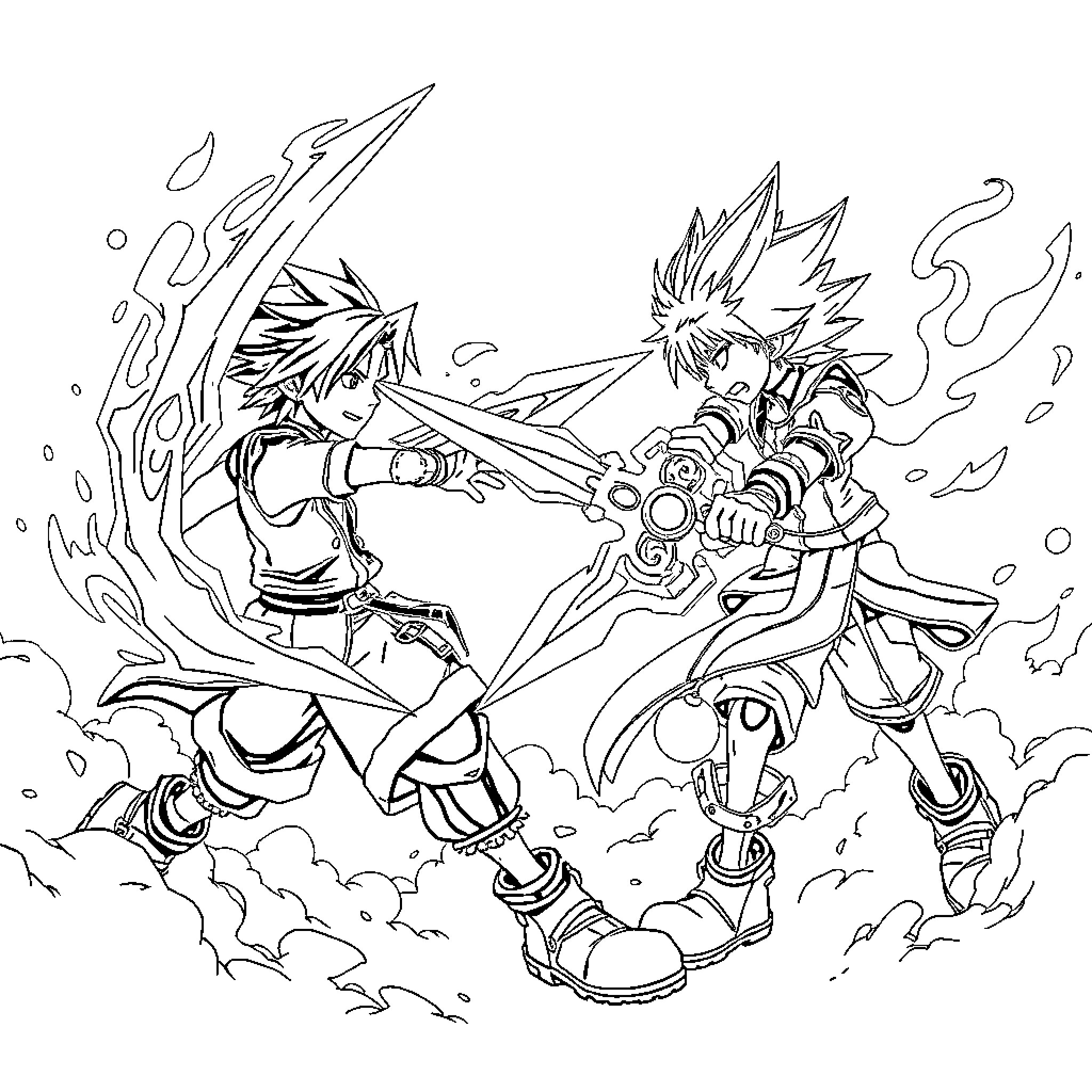 Sora's epic clash with a foe in the midst of a storm Coloring Page (free black-and-white line drawing printable PDF for all, from beginners to advanced learners, including children, teens, adults, and seniors)