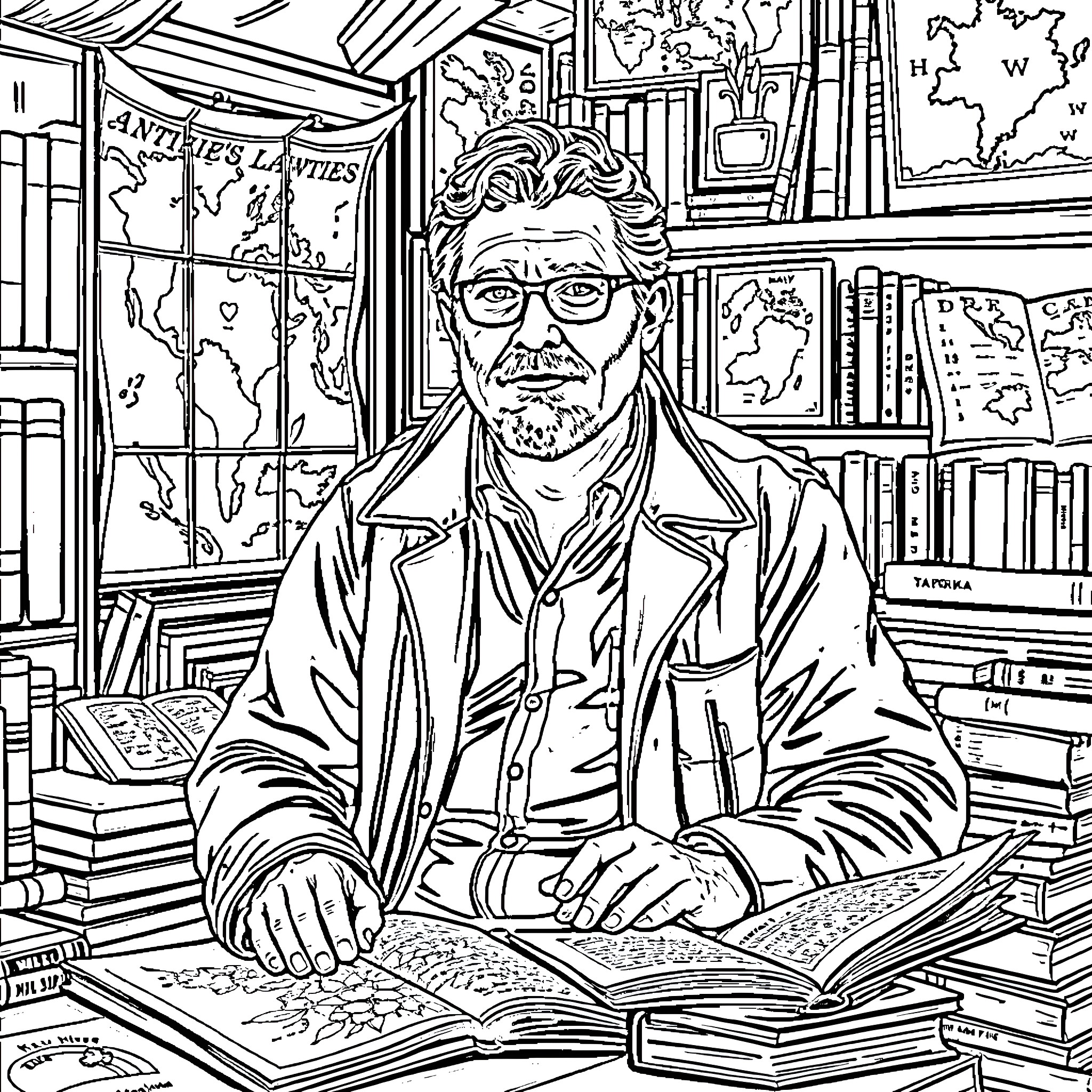 Chris Lawlor, a scholar surrounded by books and maps Coloring Page (free black-and-white line drawing printable PDF for all, from beginners to advanced learners, including children, teens, adults, and seniors)