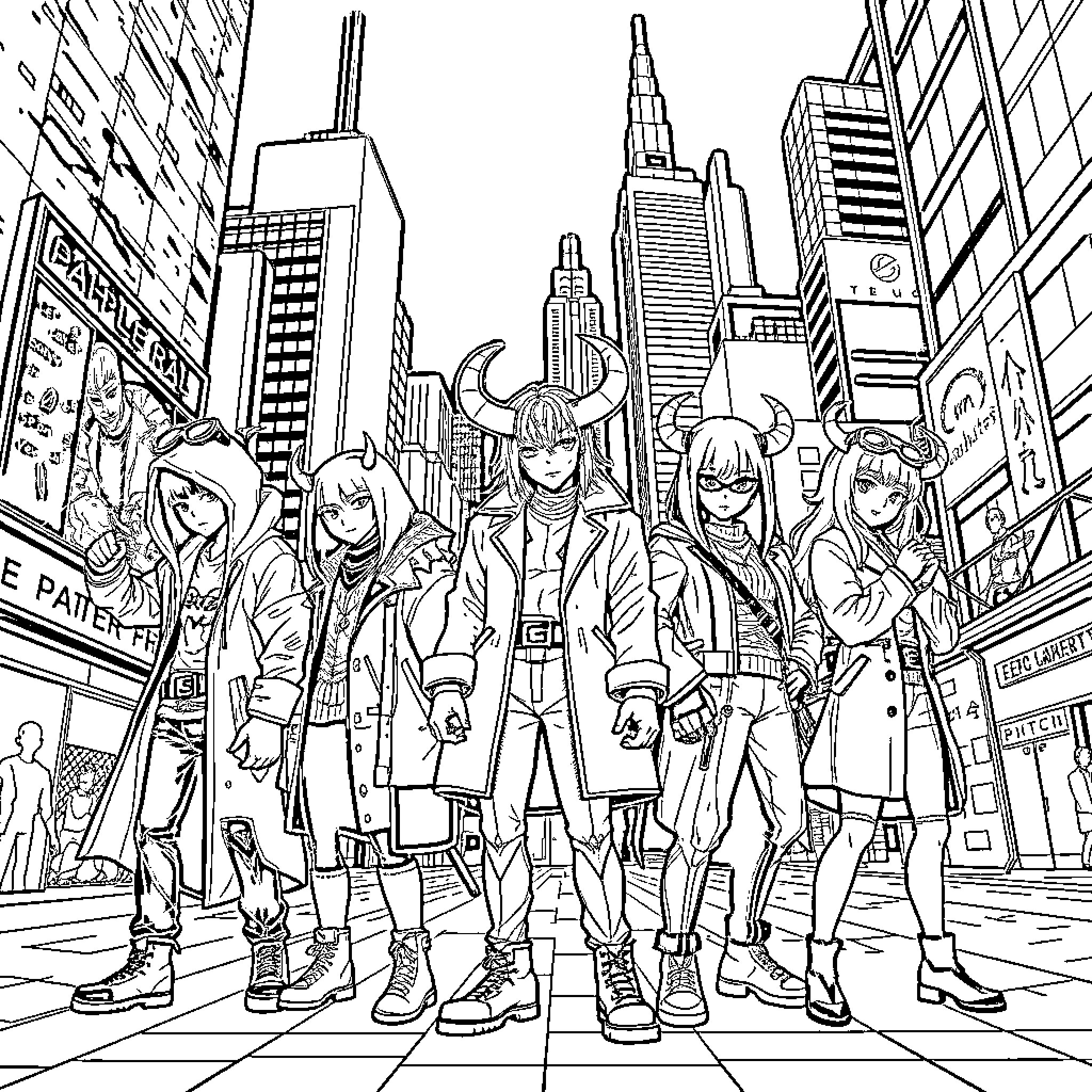 Demon Hunter Squad Confronting the Urban Metropolis Coloring Page (free black-and-white line drawing printable PDF for all, from beginners to advanced learners, including children, teens, adults, and seniors)