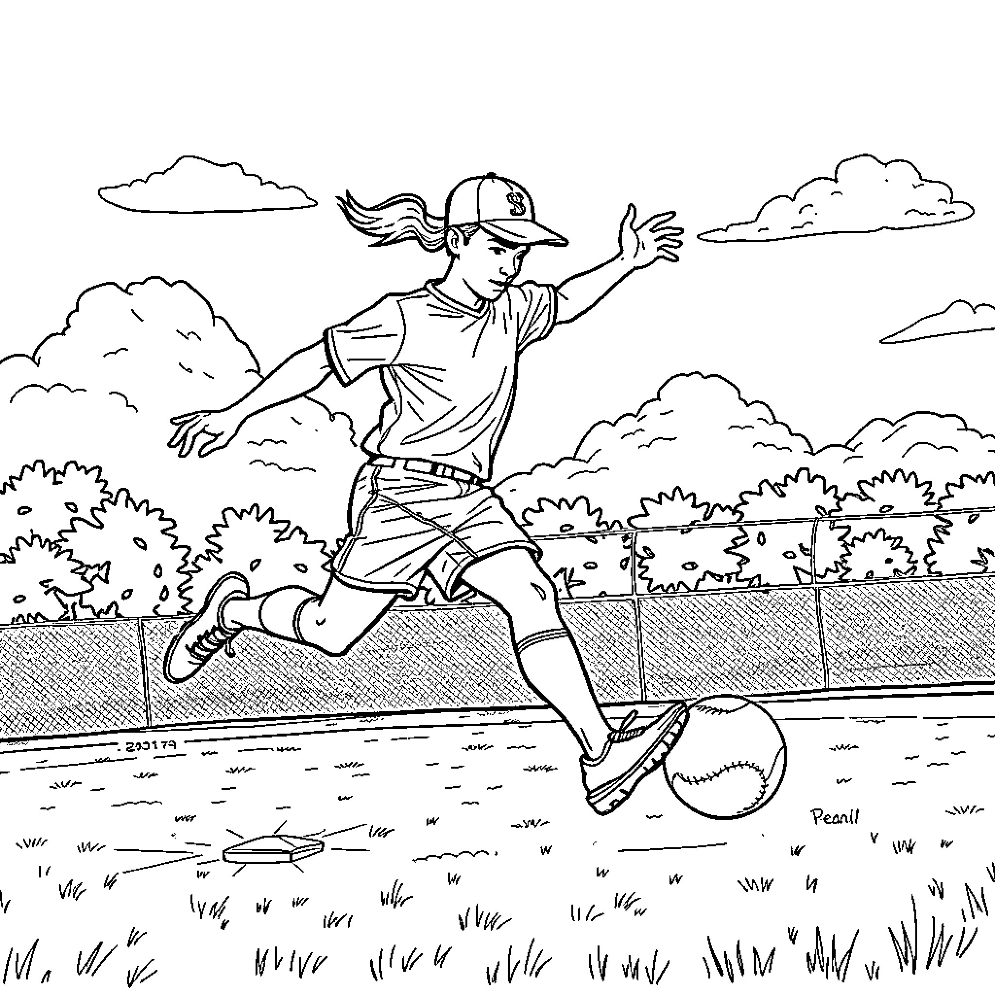 Kickball Player Enthusiastically Running on the Field Coloring Page (free black-and-white line drawing printable PDF for all, from beginners to advanced learners, including children, teens, adults, and seniors)
