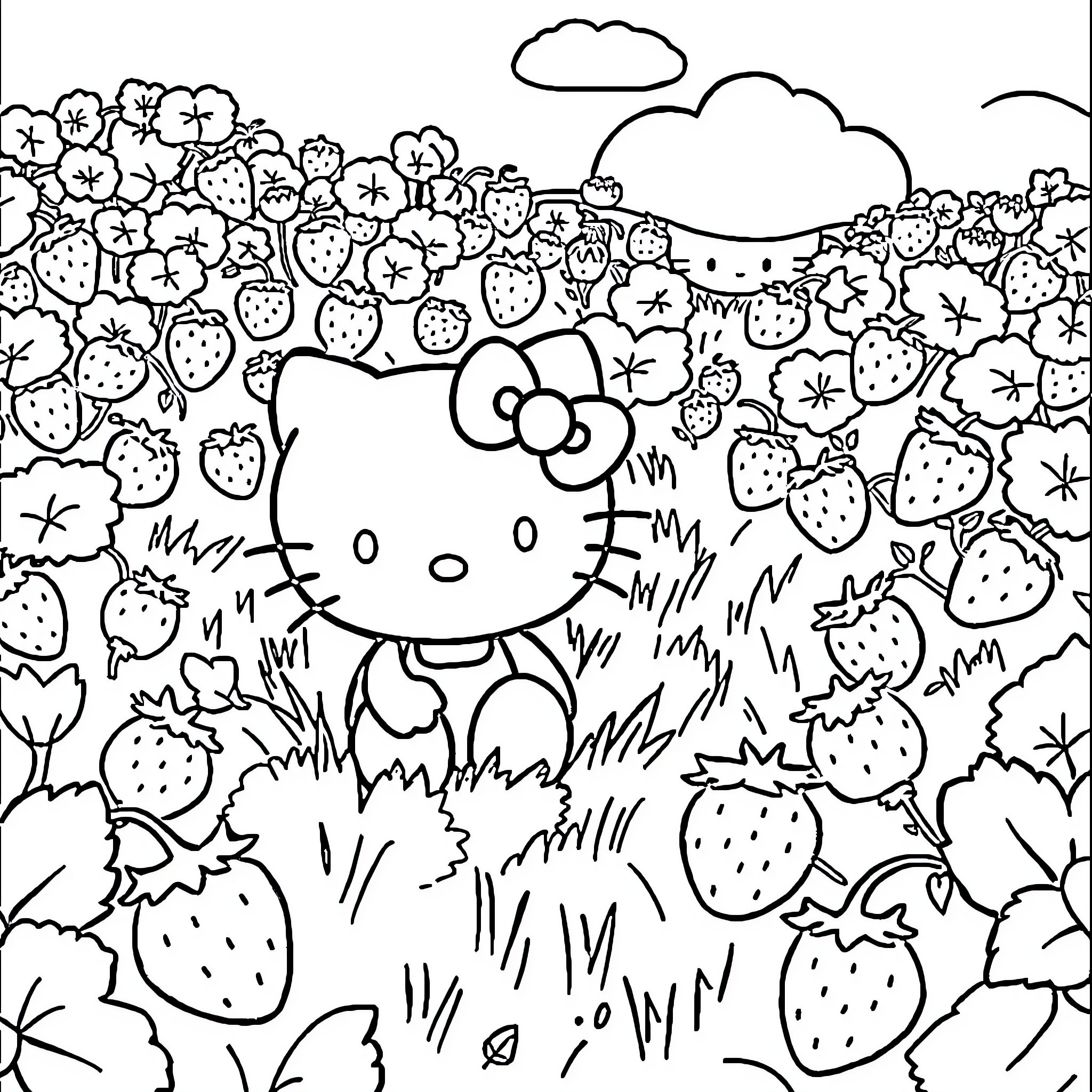 Hello Kitty surrounded by strawberries in a field Coloring Page (free black-and-white line drawing printable PDF for all, from beginners to advanced learners, including children, teens, adults, and seniors)