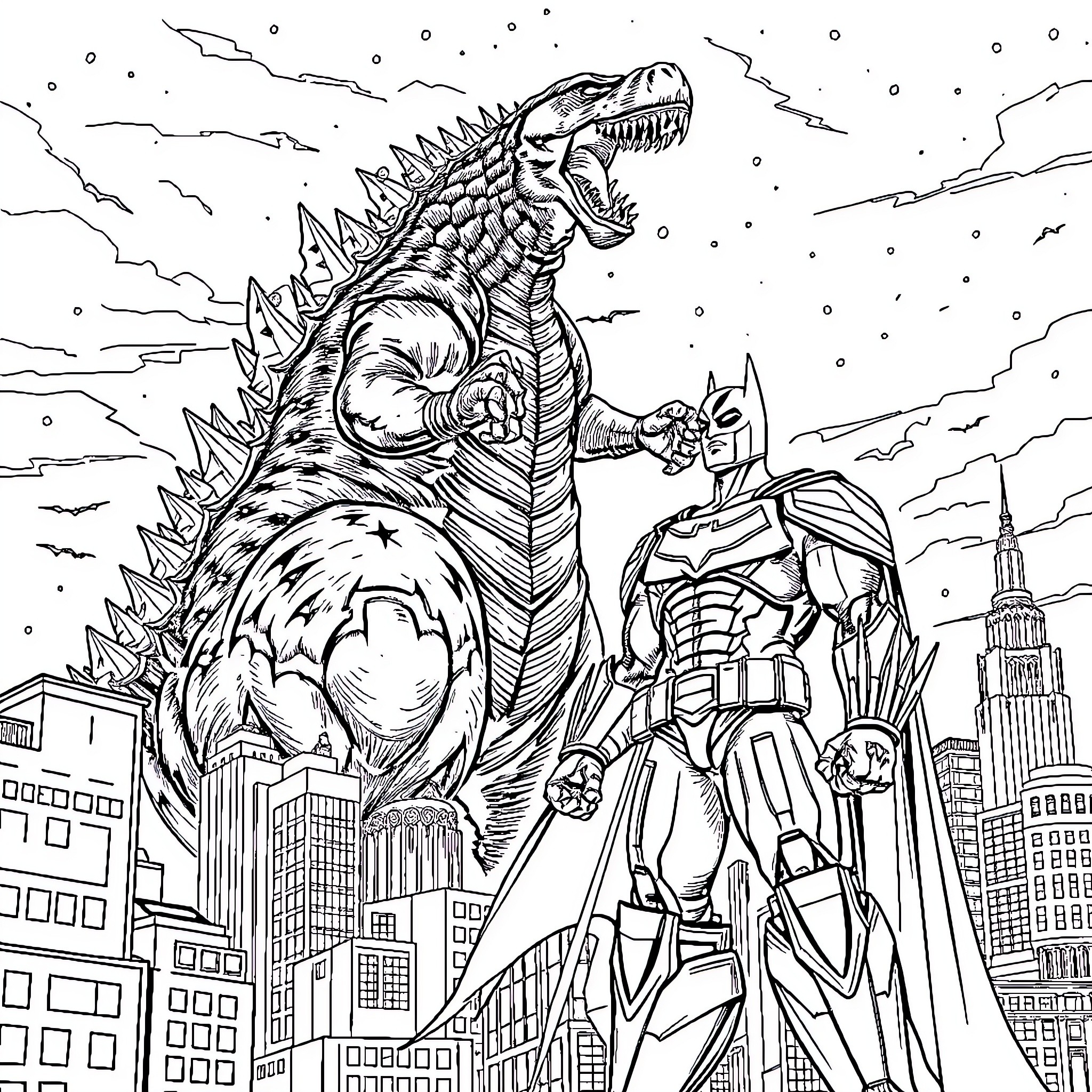 Godzilla rampaging through the city against a heroic mech Coloring Page (free black-and-white line drawing printable PDF for all, from beginners to advanced learners, including children, teens, adults, and seniors)