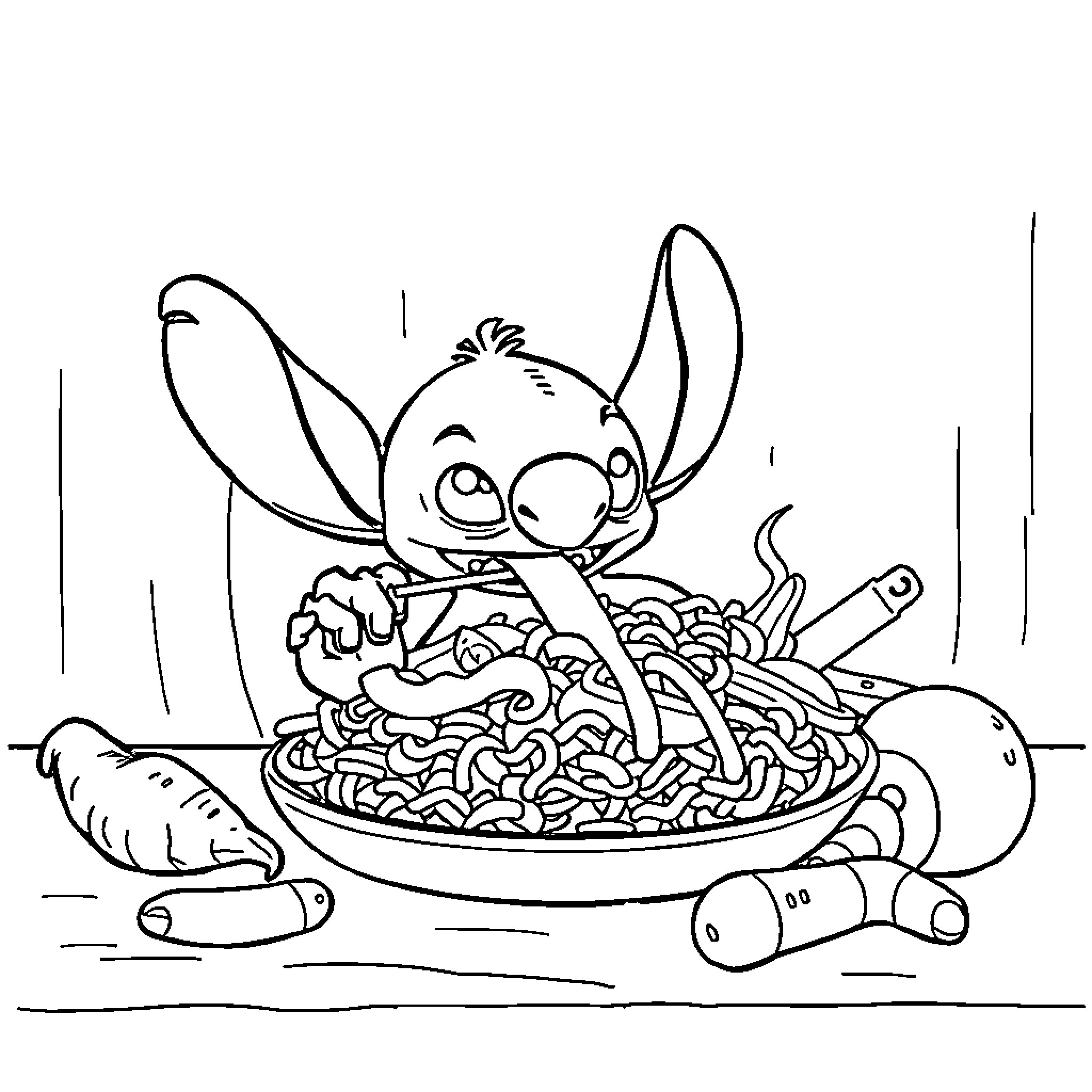 Stitch Enjoying a Tasty Dish Coloring Page (free black-and-white line drawing printable PDF for all, from beginners to advanced learners, including children, teens, adults, and seniors)