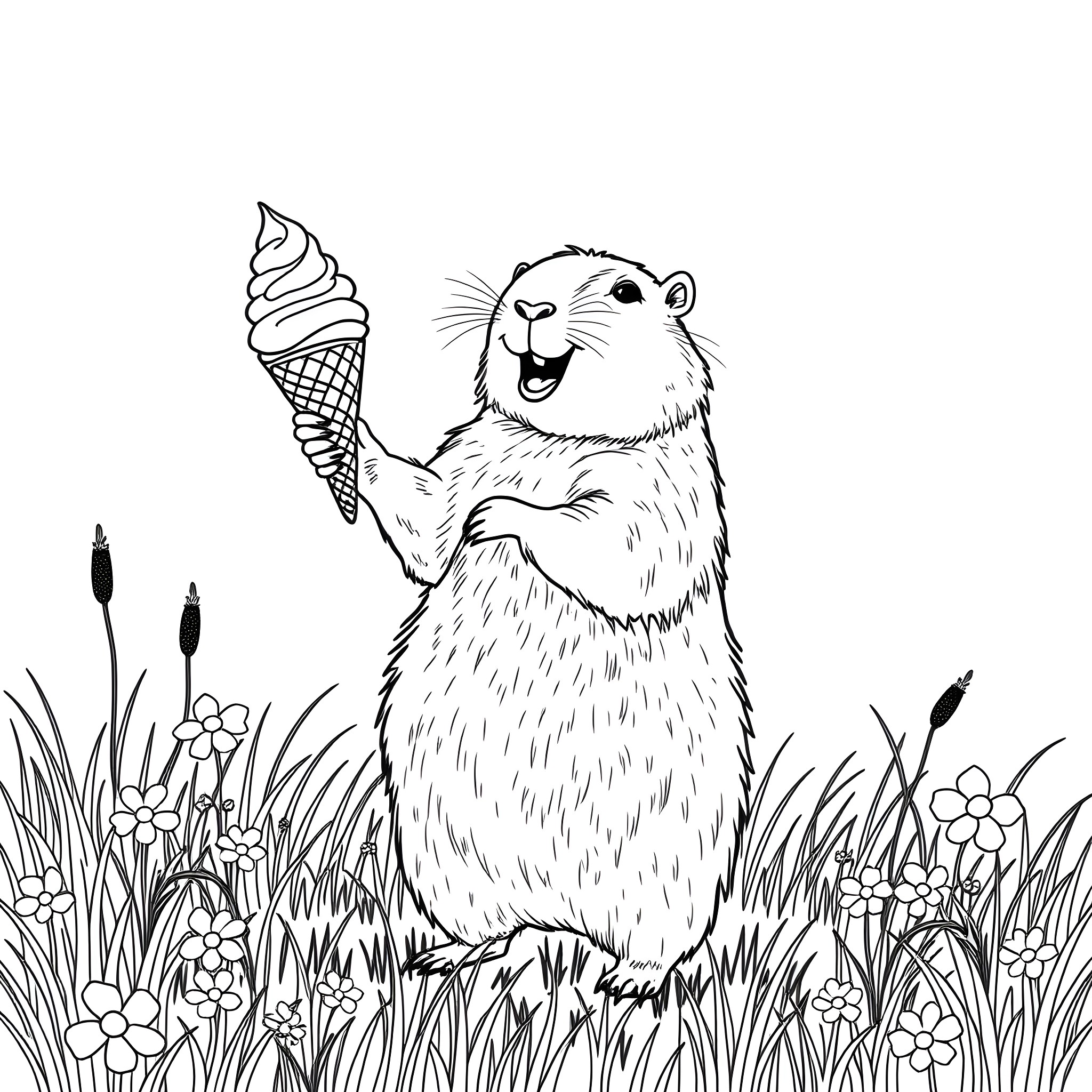 Capybara enjoying a sweet treat in a blooming meadow Coloring Page (free black-and-white line drawing printable PDF for all, from beginners to advanced learners, including children, teens, adults, and seniors)