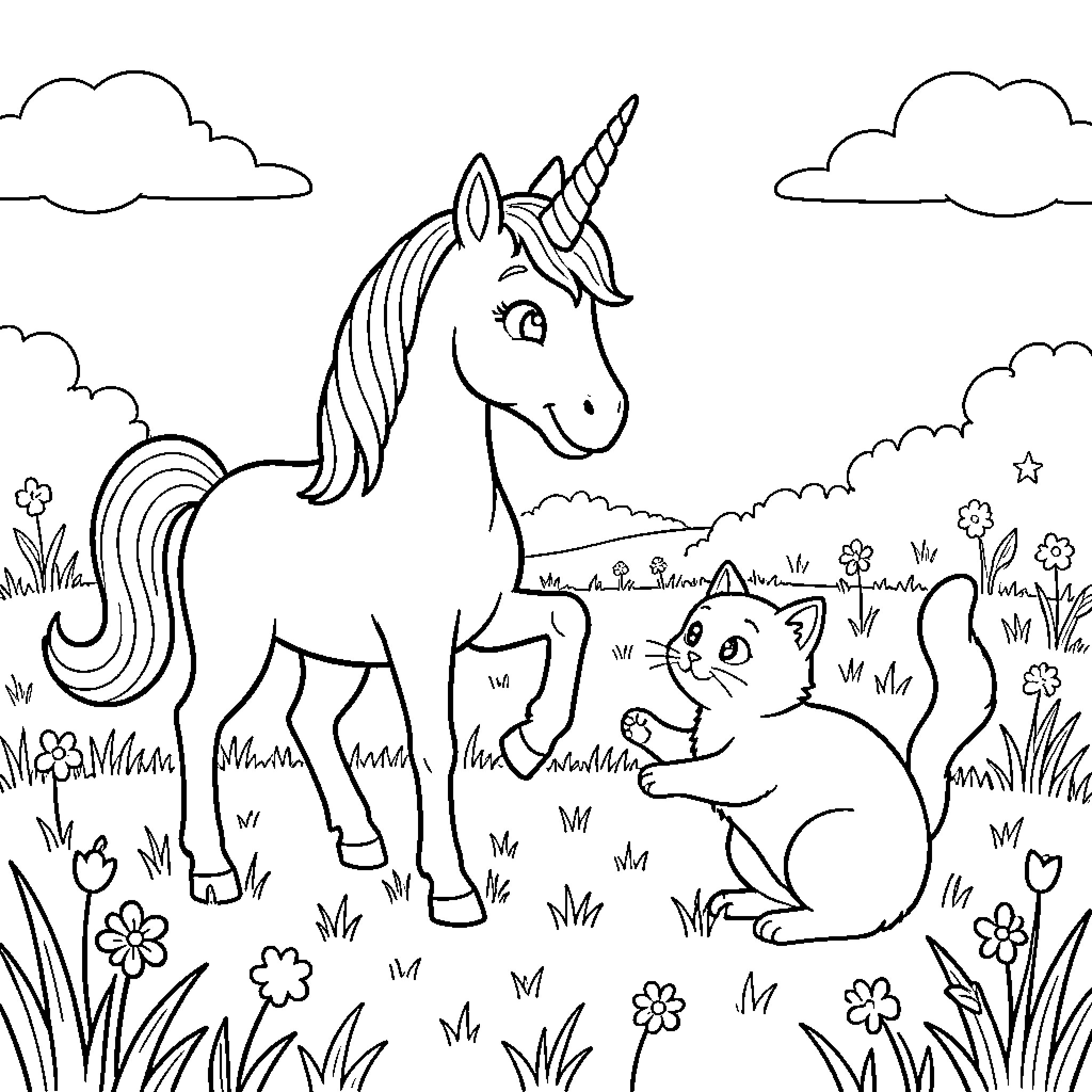 Unicorn interacting kindly with a small kitten Coloring Page (free black-and-white line drawing printable PDF for all, from beginners to advanced learners, including children, teens, adults, and seniors)
