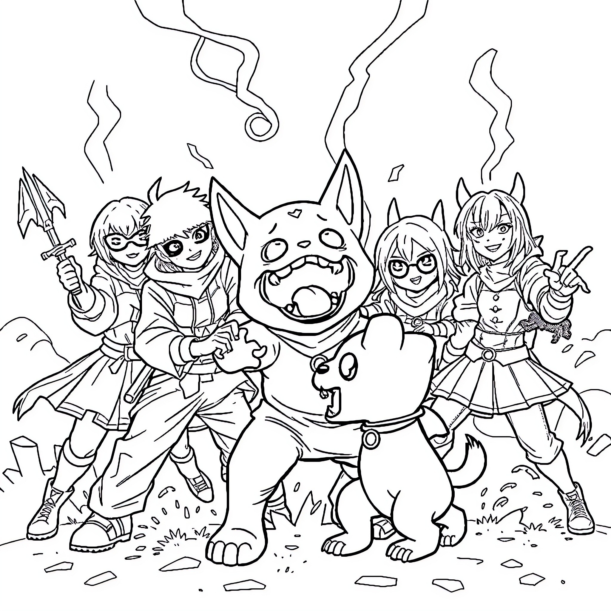 Demon Hunter Squad Battles Fearsome Creatures Coloring Page (free black-and-white line drawing printable PDF for all, from beginners to advanced learners, including children, teens, adults, and seniors)