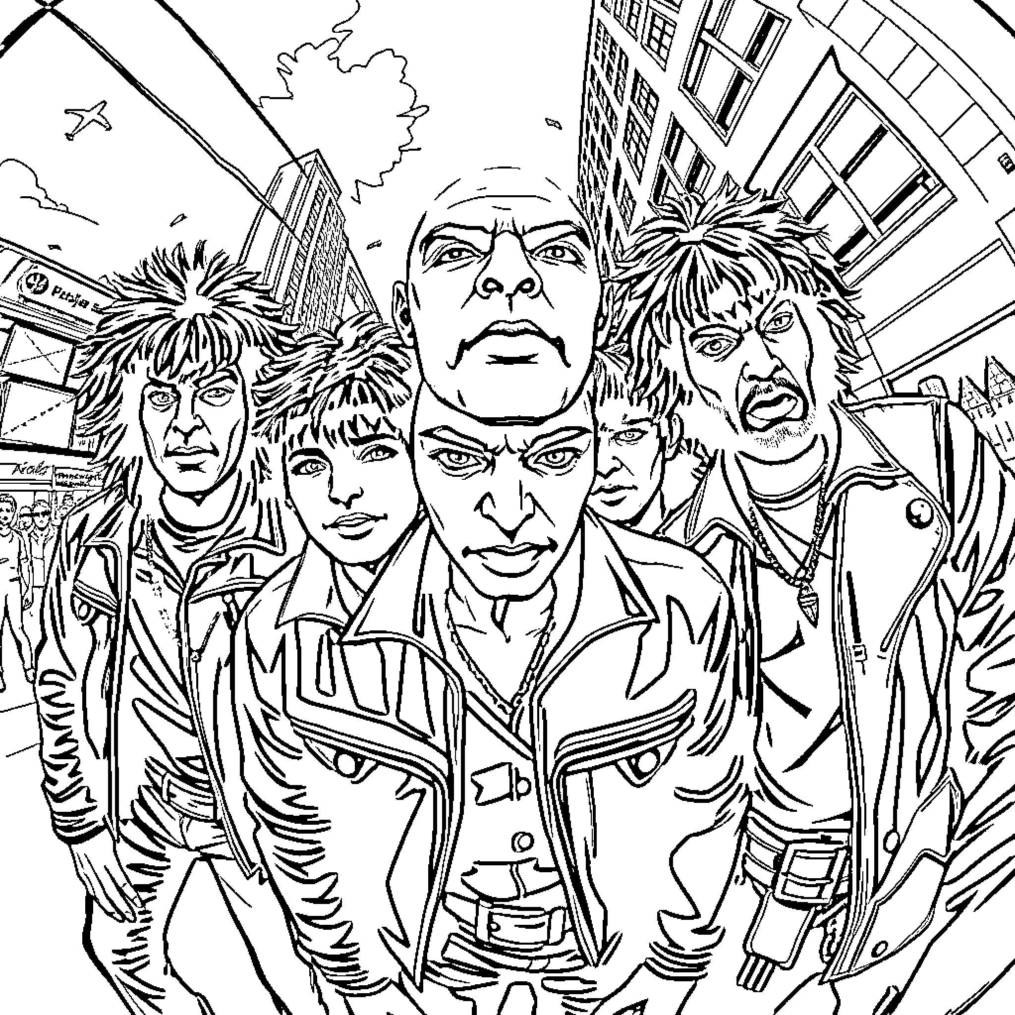 Warrior Band Storming the City Streets Coloring Page (free black-and-white line drawing printable PDF for all, from beginners to advanced learners, including children, teens, adults, and seniors)