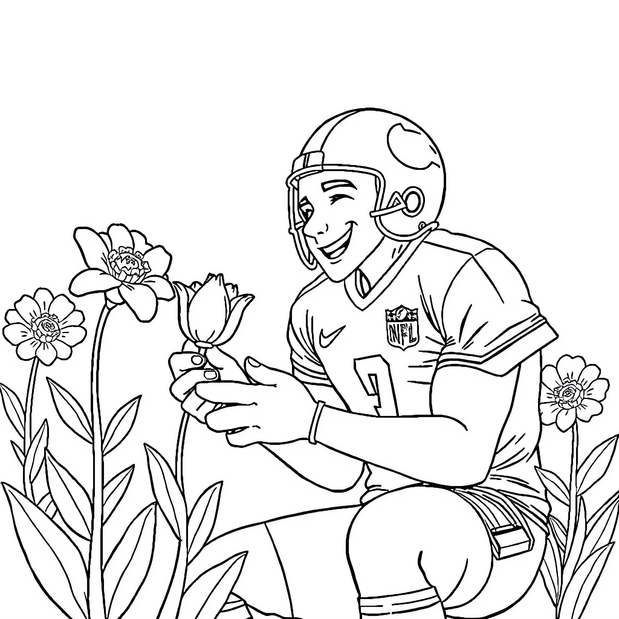 Footballer surrounded by flowers in nature Coloring Page (free black-and-white line drawing printable PDF for all, from beginners to advanced learners, including children, teens, adults, and seniors)