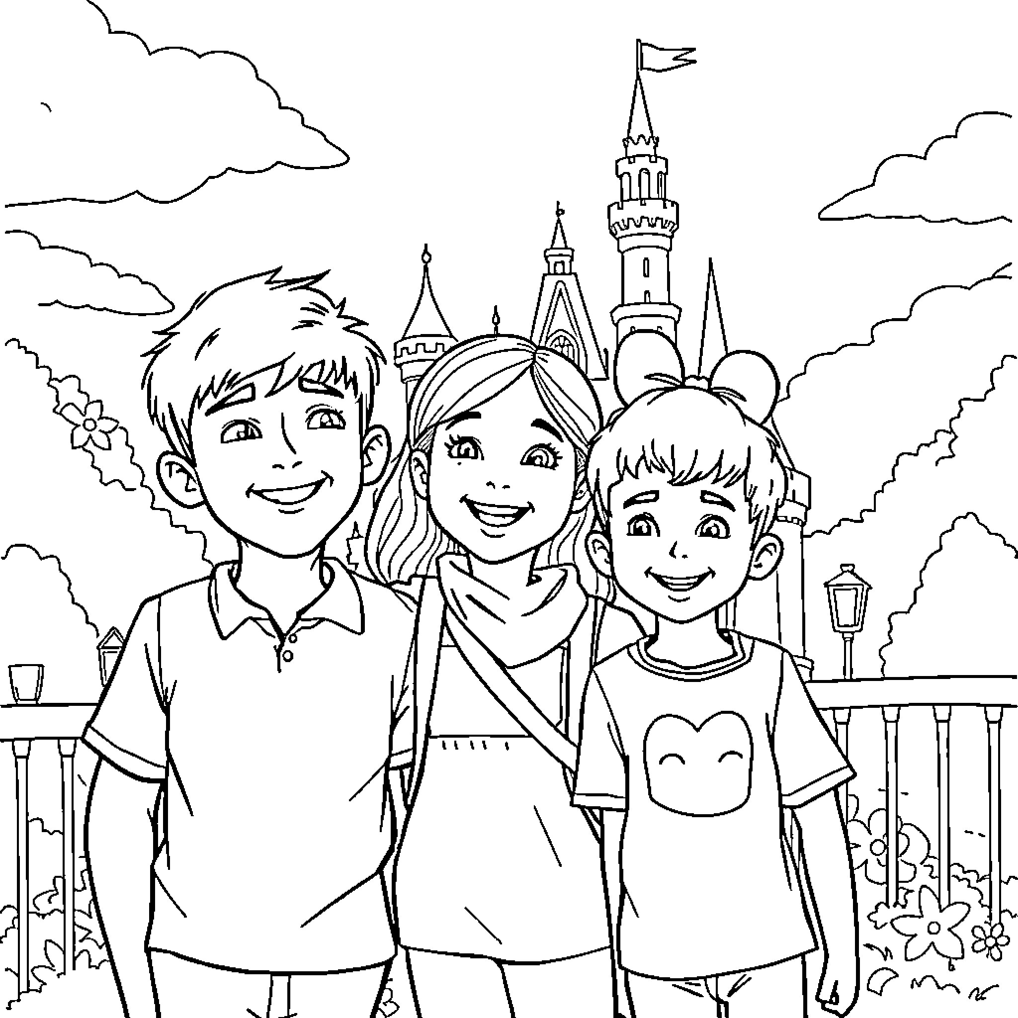 Siblings visit magical castle together Coloring Page (free black-and-white line drawing printable PDF for all, from beginners to advanced learners, including children, teens, adults, and seniors)
